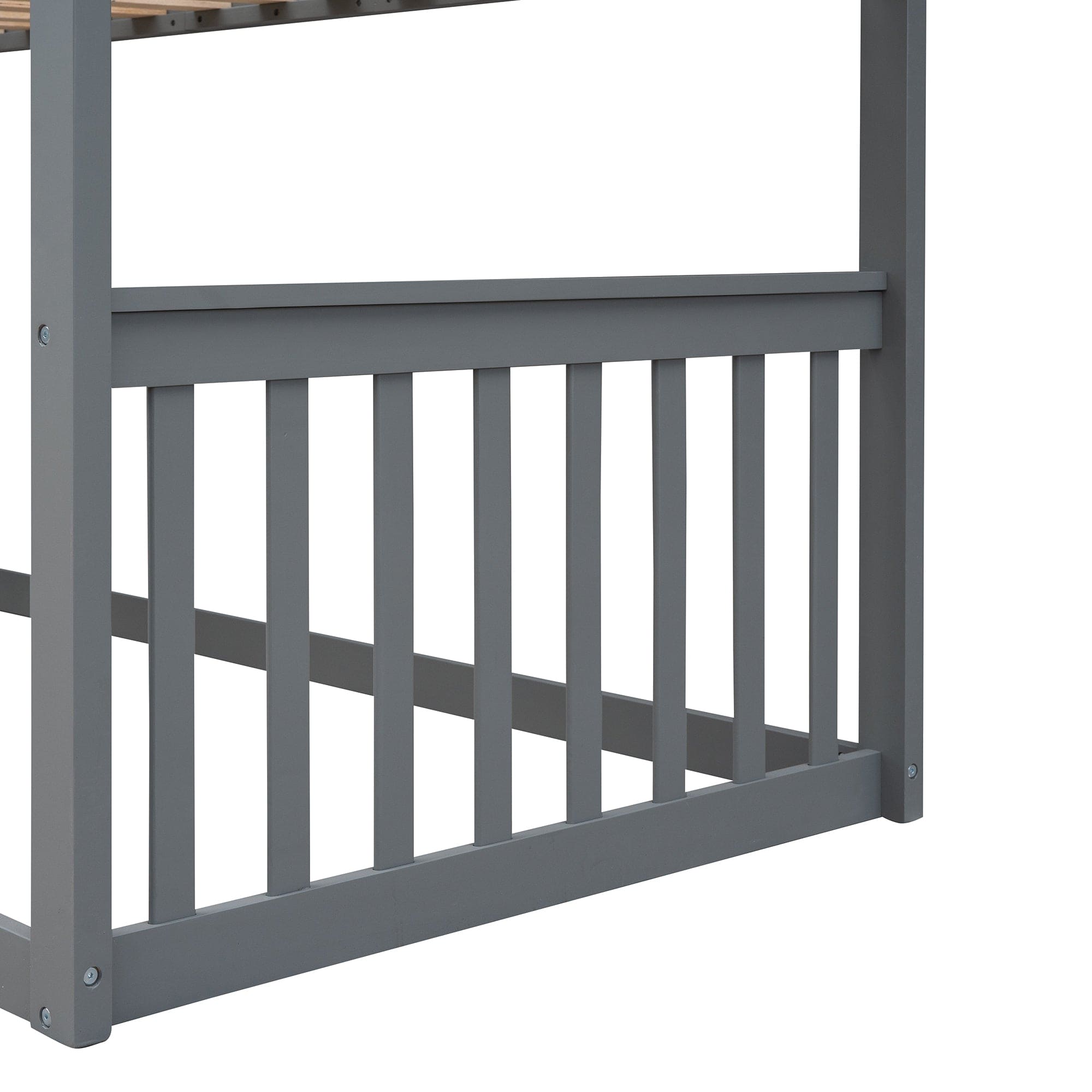 Twin Over Twin House Bunk Bed With Ladder, Wood Bed-Gray