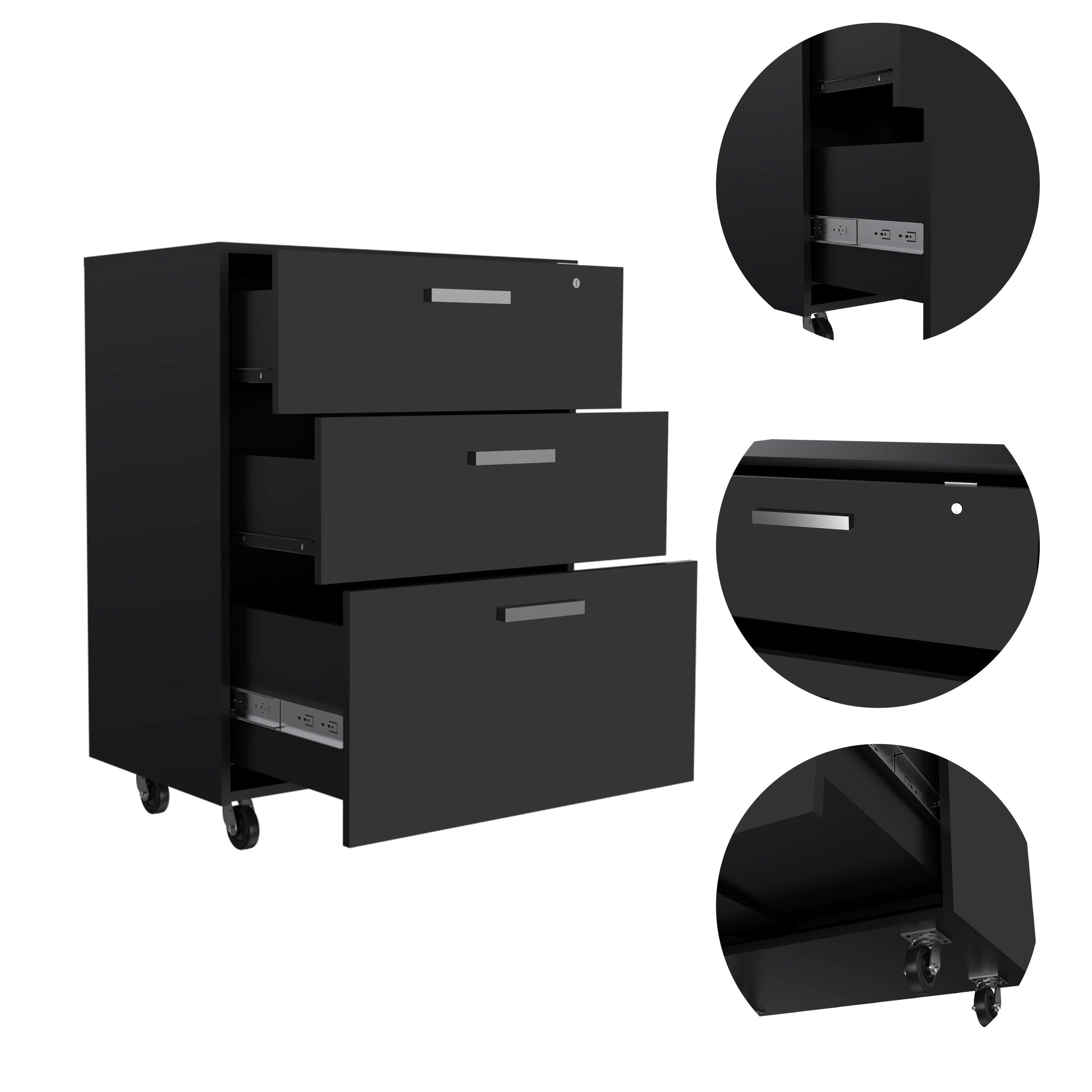 3 Drawers Storage Cabinet with Casters Lions Office, Black Wengue Finish