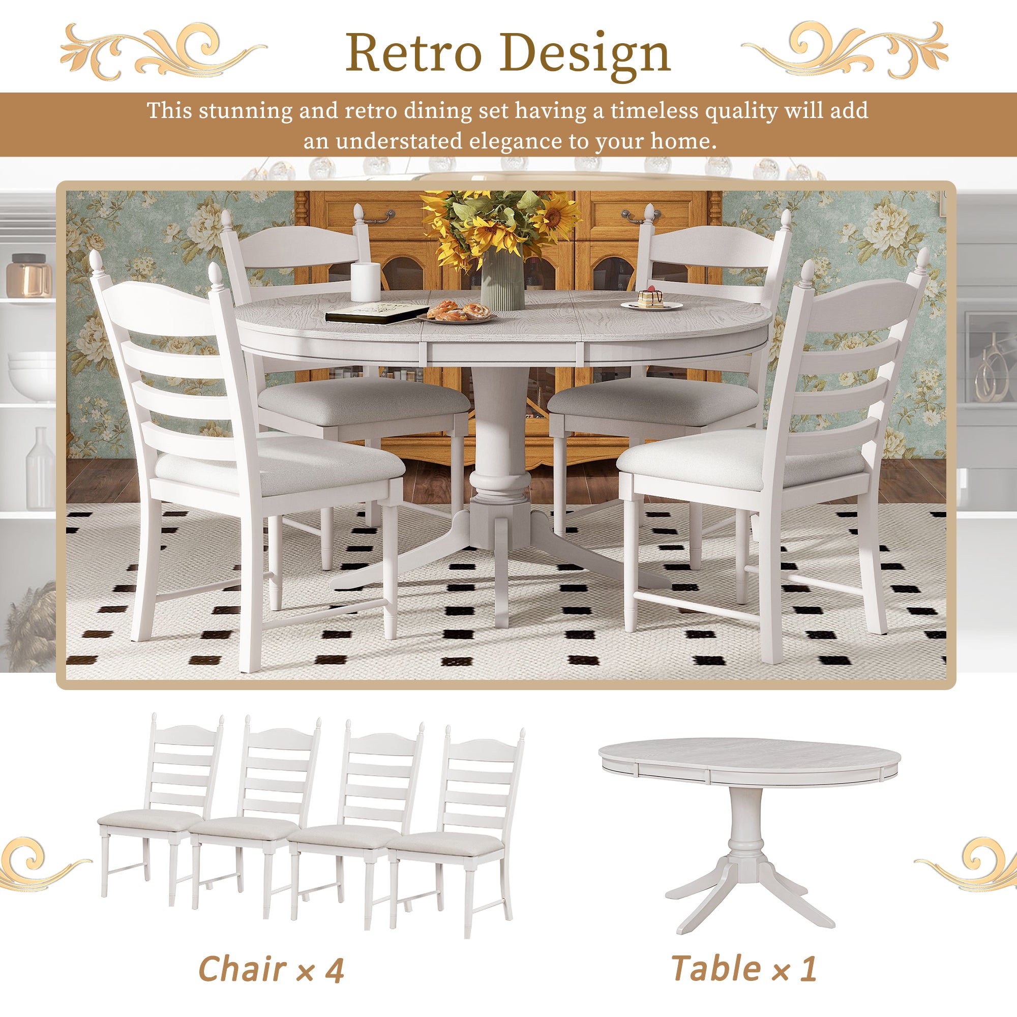 TREXM 5-Piece Retro Functional Dining Table Set Wood Round Extendable Dining Table and 4 Upholstered Dining Chairs (Antique White)