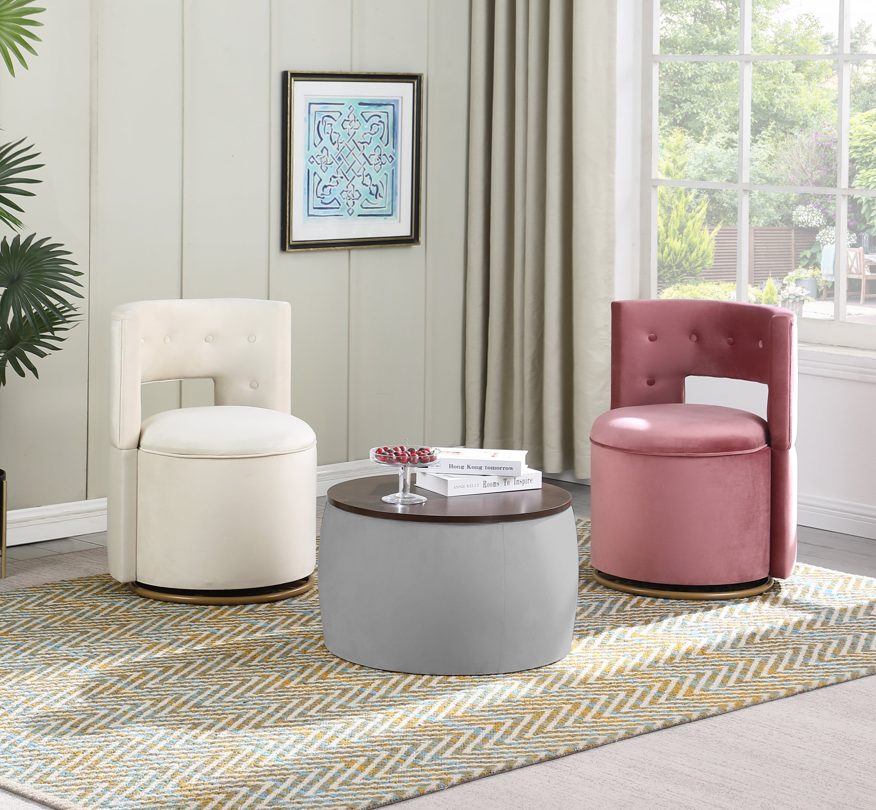 [Video] Round Ottoman Set with Storage, 2 in 1 combination, Round Coffee Table, Square Foot Rest Footstool for Living Room Bedroom Entryway Office