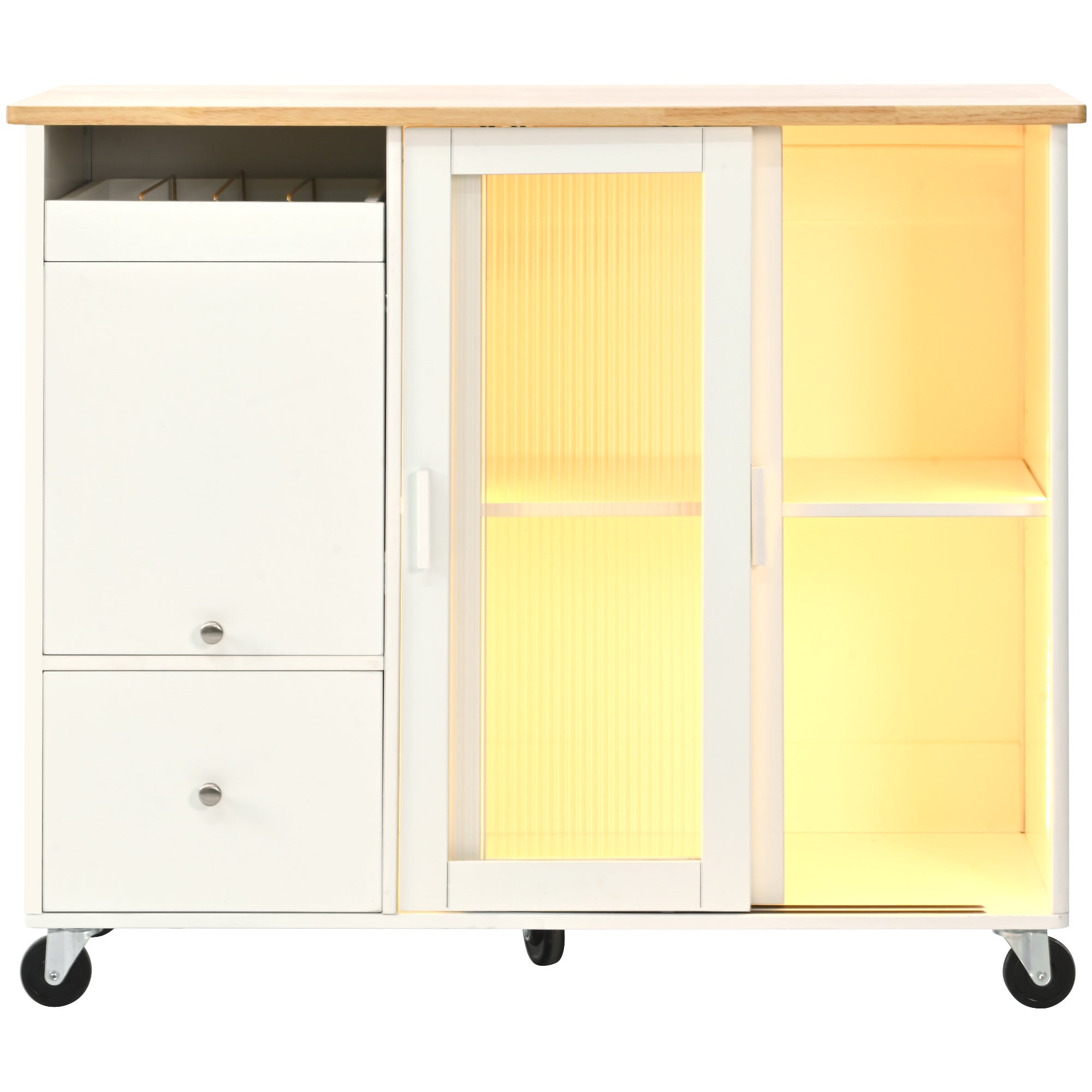 Kitchen Island with Drop Leaf, LED Light Kitchen Cart on Wheels with 2 Fluted Glass Doors and 1 Flip Cabinet Door, Large Kitchen Island Cart with an Adjustable Shelf and 2 Drawers (White)