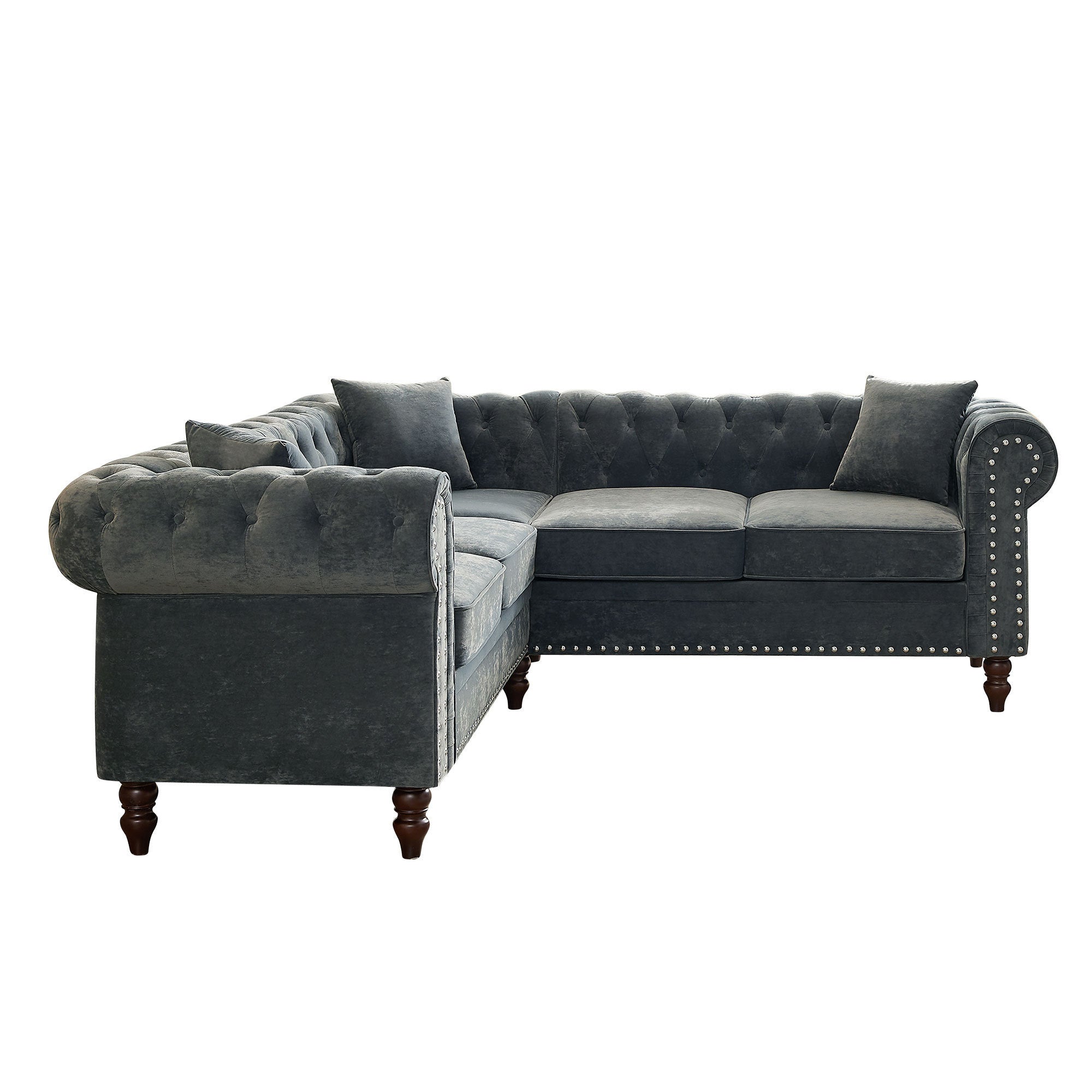 MH 80" Deep Button Tufted Upholstered Roll Arm Luxury Classic Chesterfield L-shaped Sofa 3 Pillows Included, Solid Wood Gourd Legs, Grey velvet