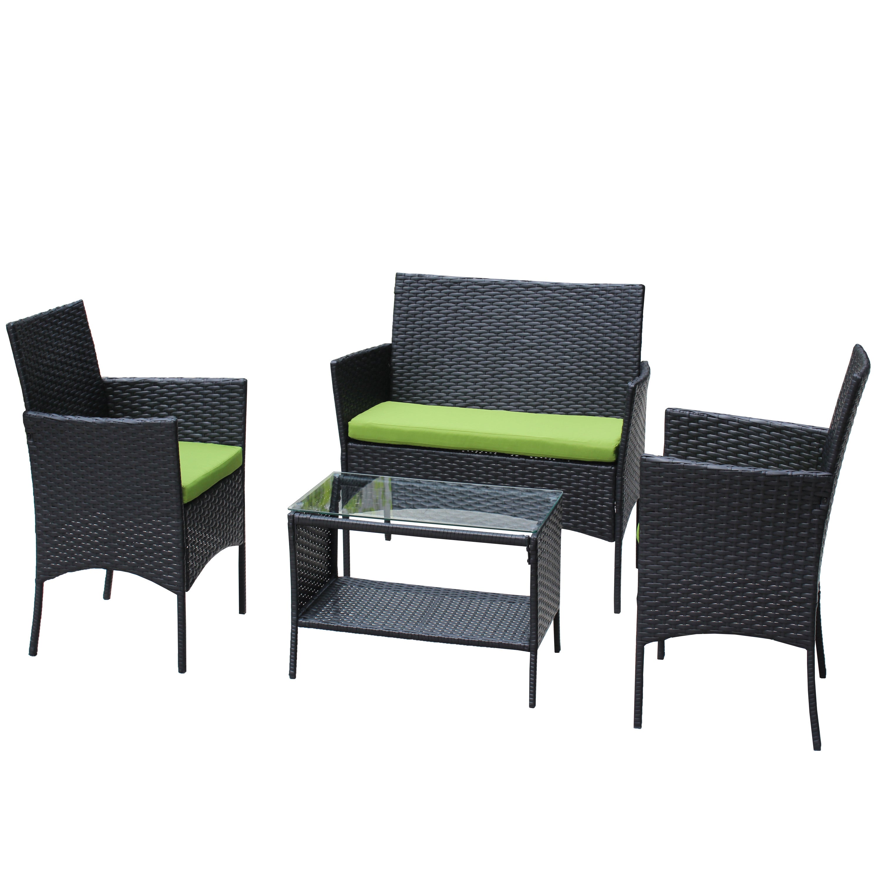 4 PC Rattan Patio Furniture Set Outdoor Patio Cushioned Seat Wicker Sofa (green Cushion)