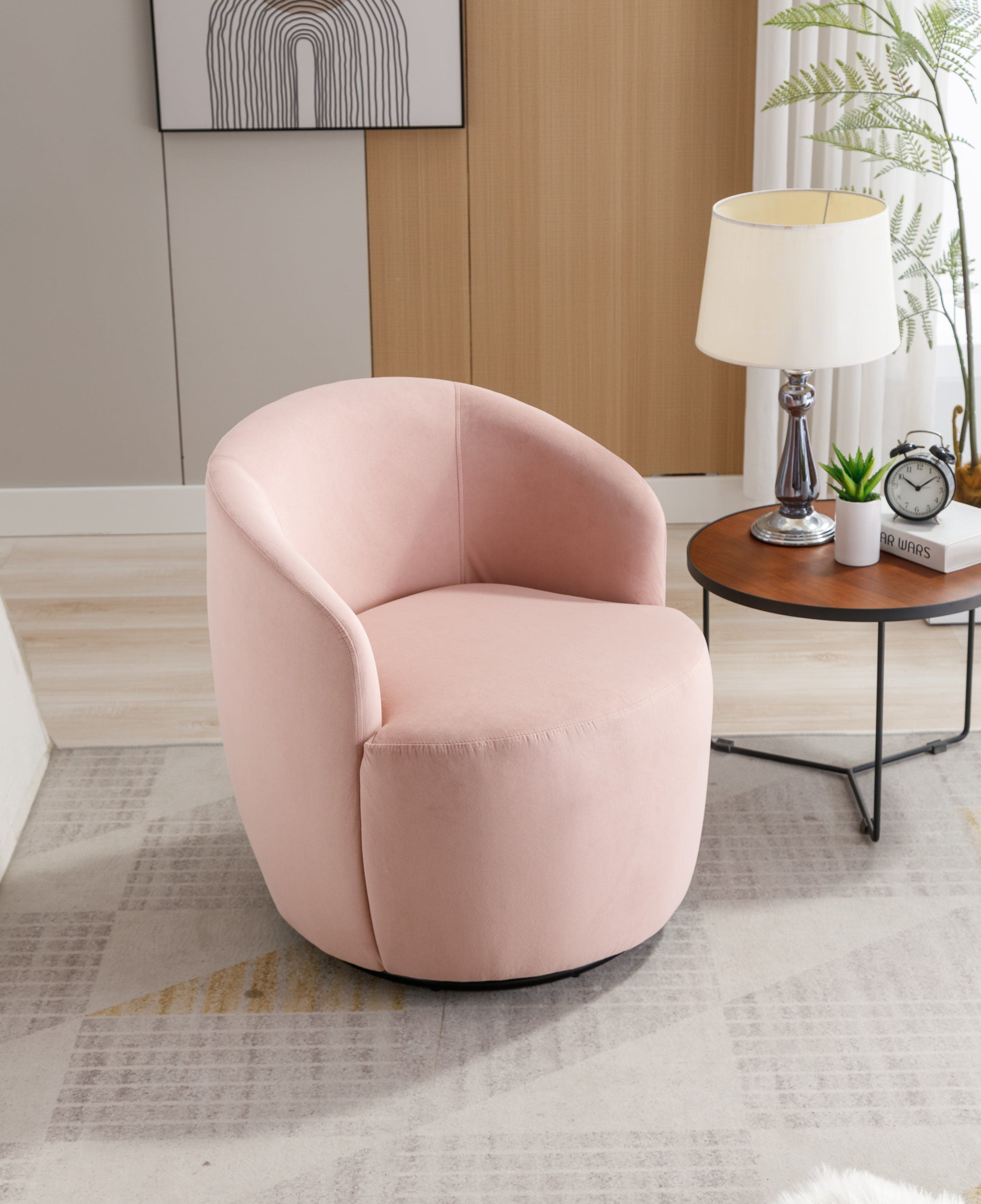 Velvet Fabric Swivel Accent Armchair Barrel Chair With Black Powder Coating Metal Ring,Pink