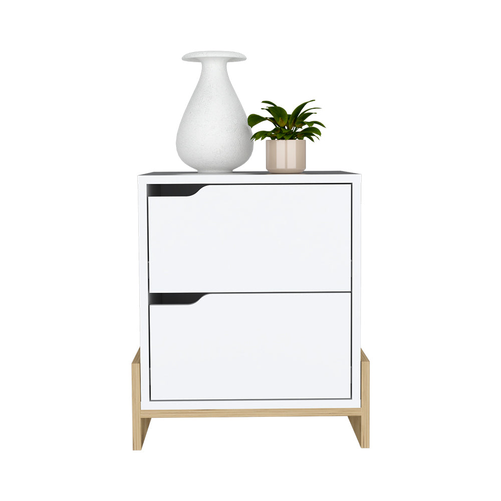 Nightstand Brookland, Bedside Table with Double Drawers and Sturdy Base, White / Macadamia Finish