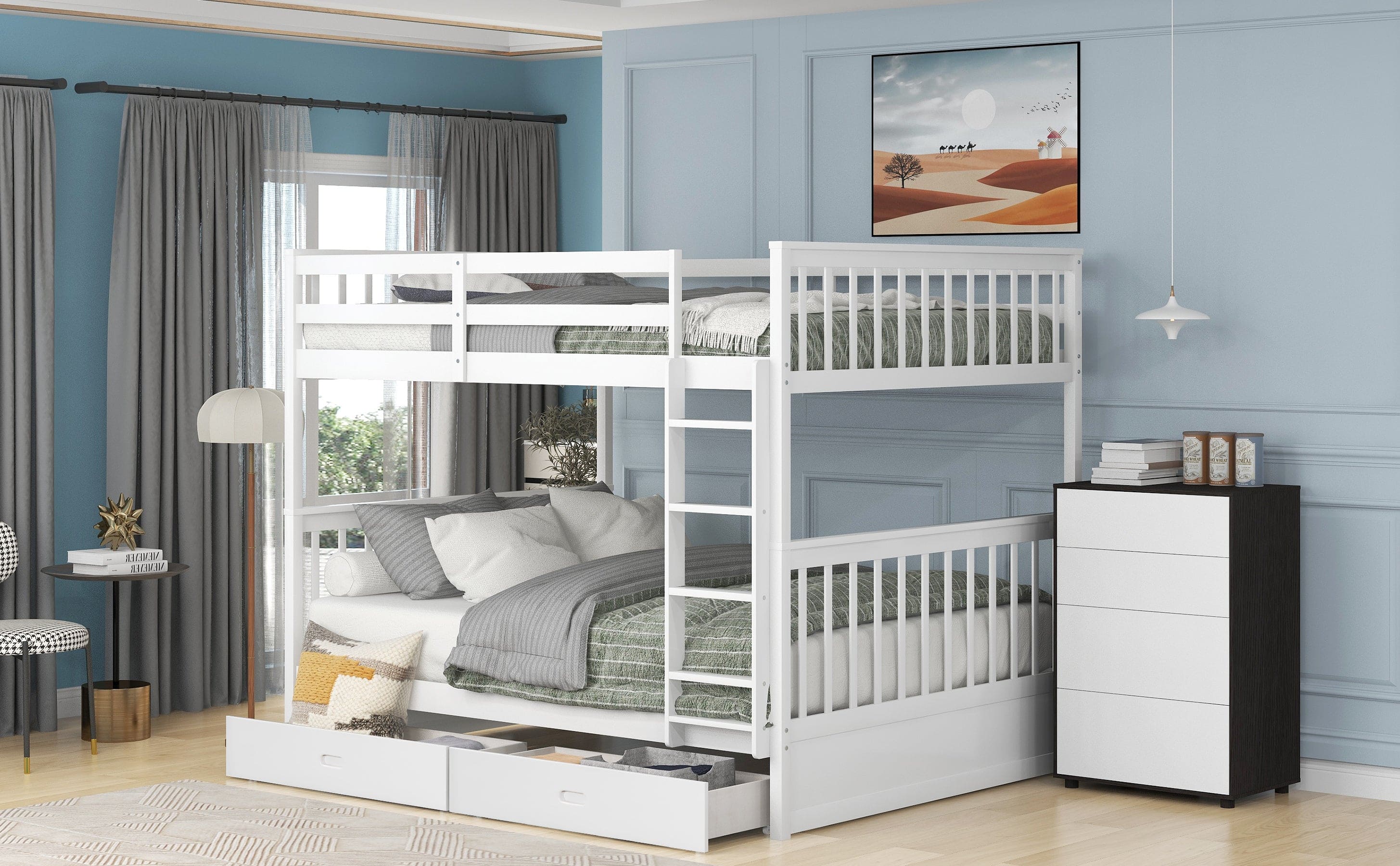 Full-Over-Full Bunk Bed with Ladders and Two Storage Drawers (White)(OLD SKU:LT000365AAK)