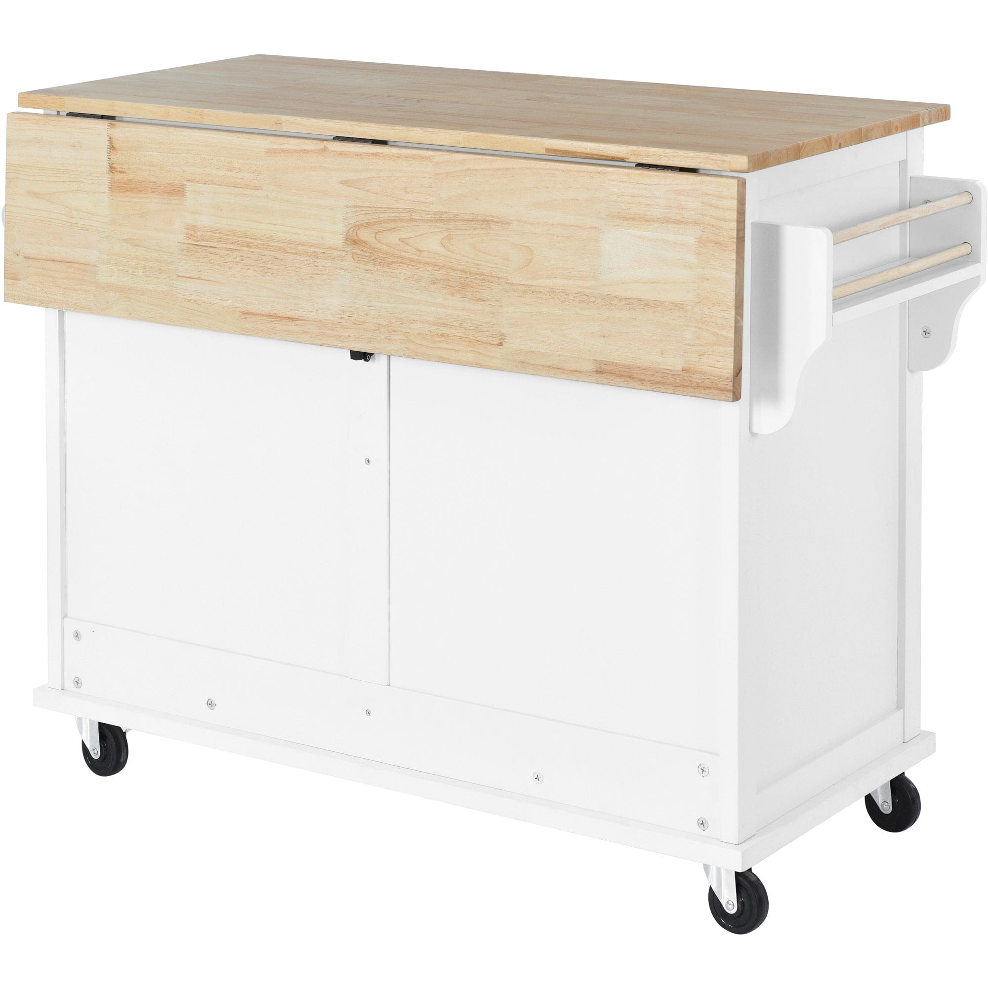 Kitchen Cart with Rubber wood Drop-Leaf Countertop, Concealed sliding barn door adjustable height,Kitchen Island on 4 Wheels with Storage Cabinet and 2 Drawers,L52.2xW30.5xH36.6 inch, White