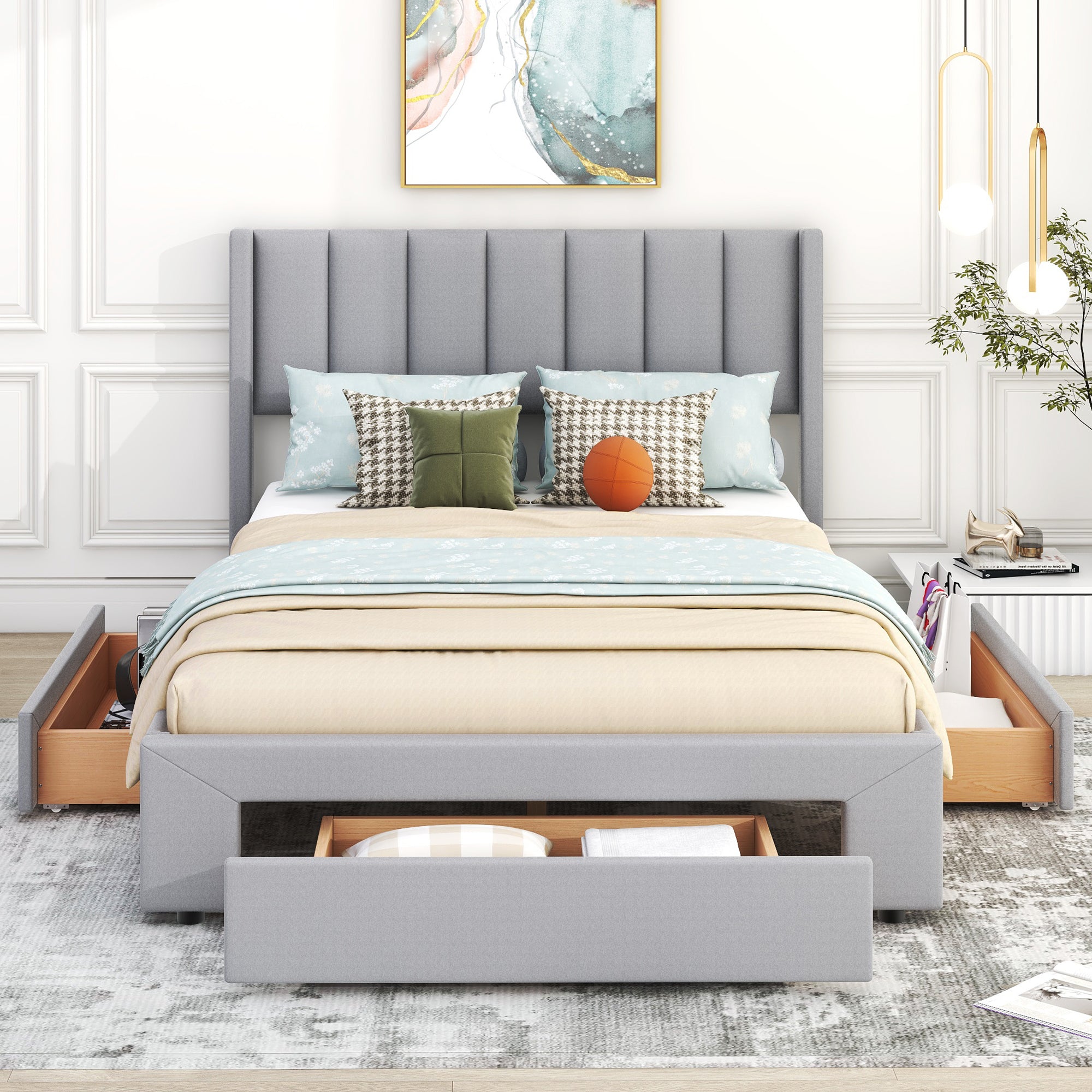 Full Size Upholstered Platform Bed with One Large Drawer in the Footboard and Drawer on Each Side,Gray