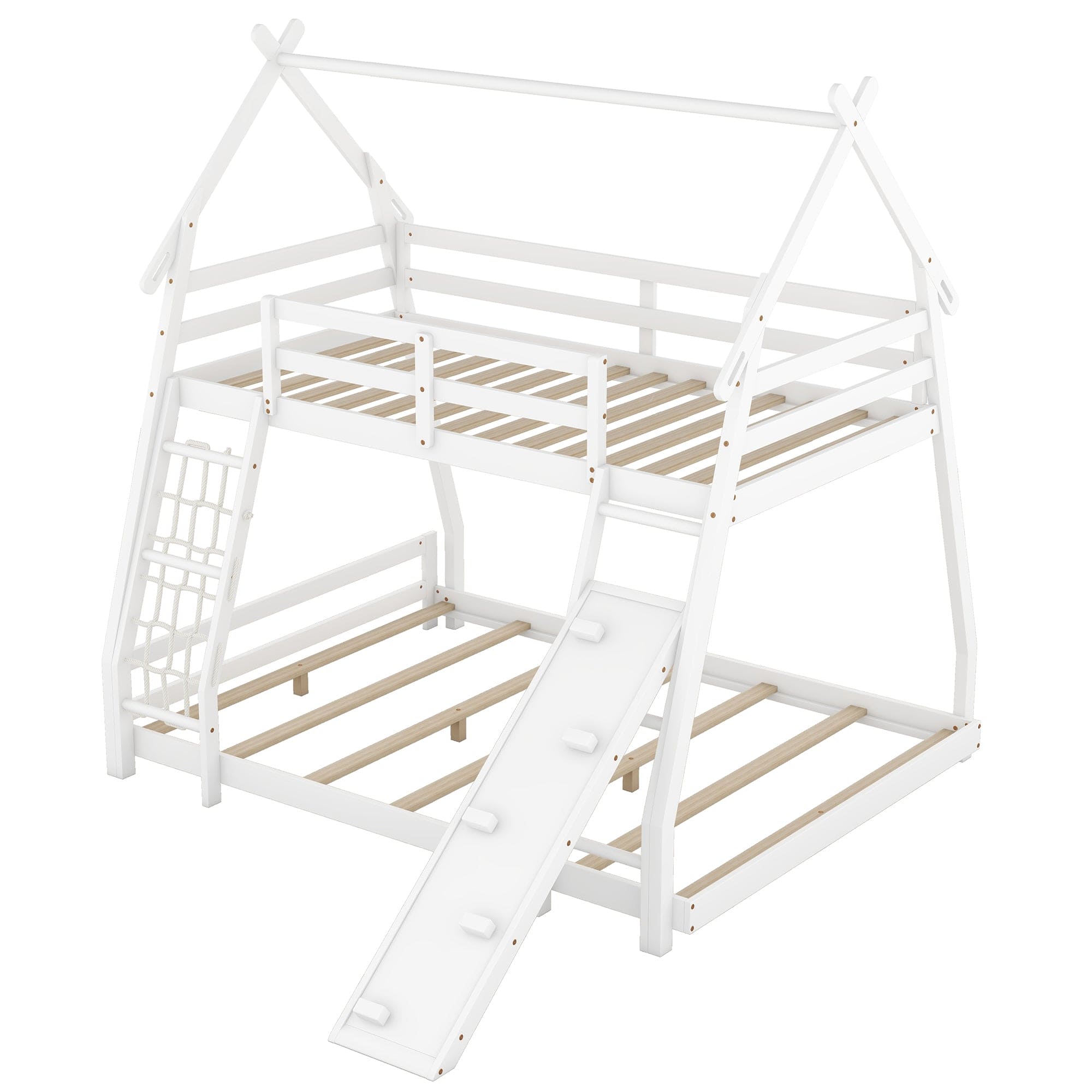 Twin over Queen House Bunk Bed with Climbing Nets and Climbing Ramp, White