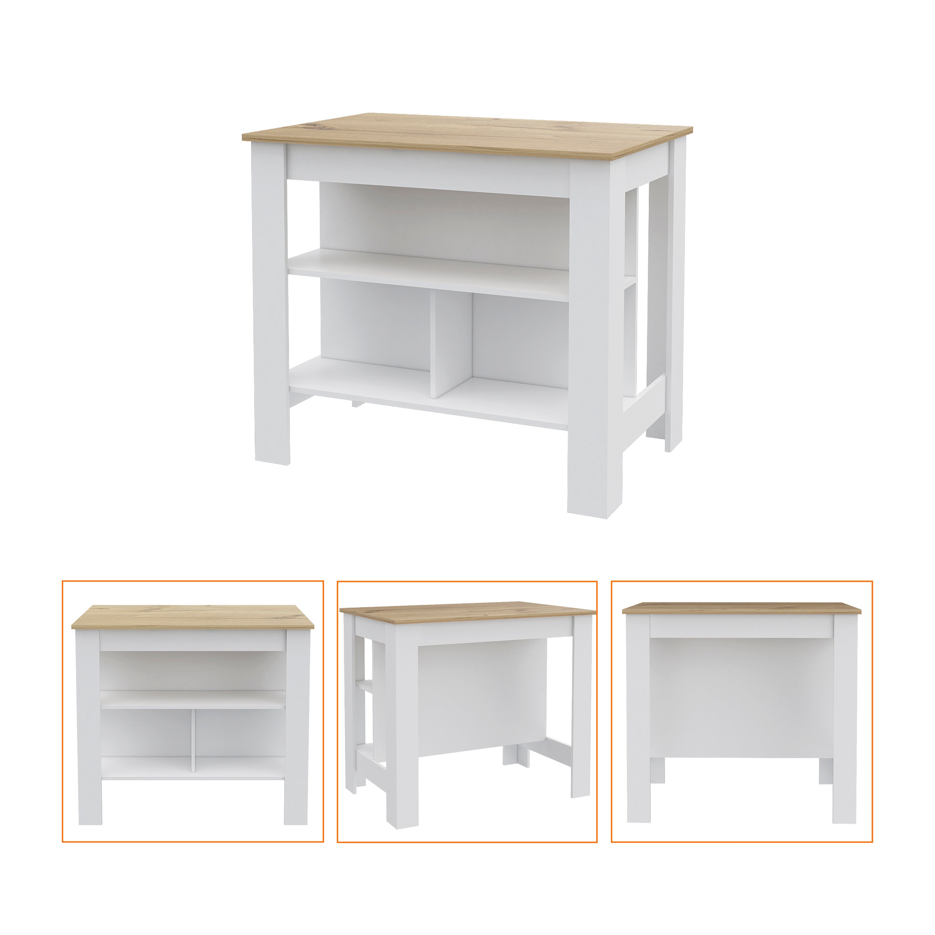 Kitchen Island Dozza, Three Shelves, White / Light Oak Finish