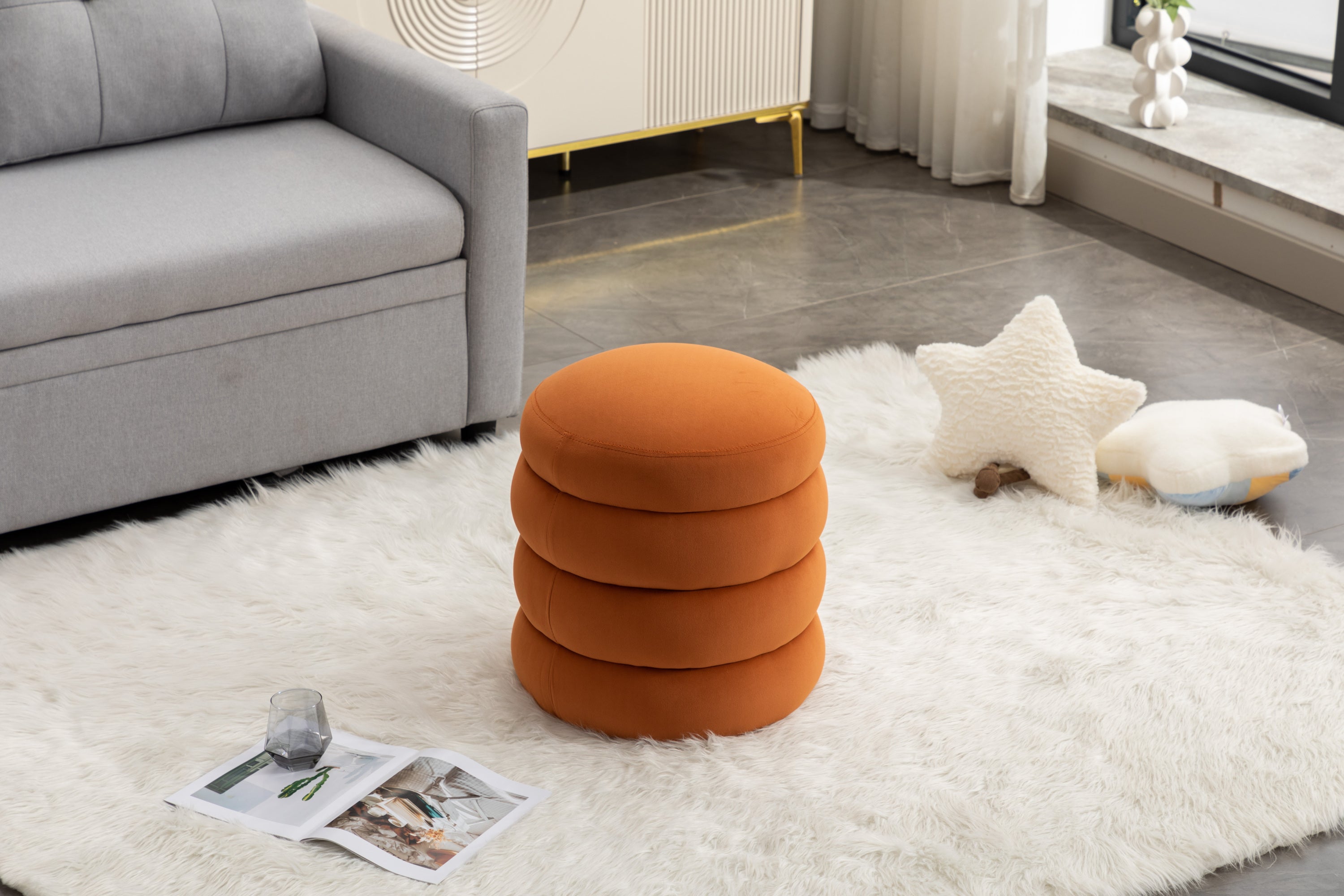 006-Soft Velvet  Round Ottoman Footrest Stool,Orange