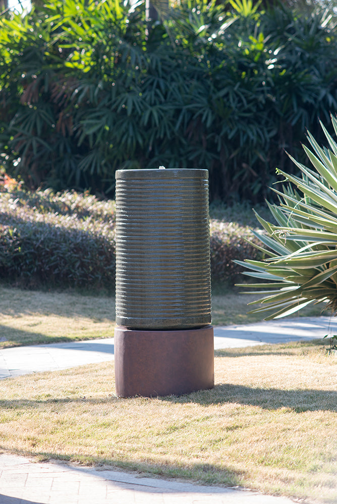 44" Tall Large Modern Cylinder Ribbed Tower Water Fountain With Rustic Base, Contemporary Antique Green Copper Finish Outdoor Bird Feeder / Bath Cement Fountain