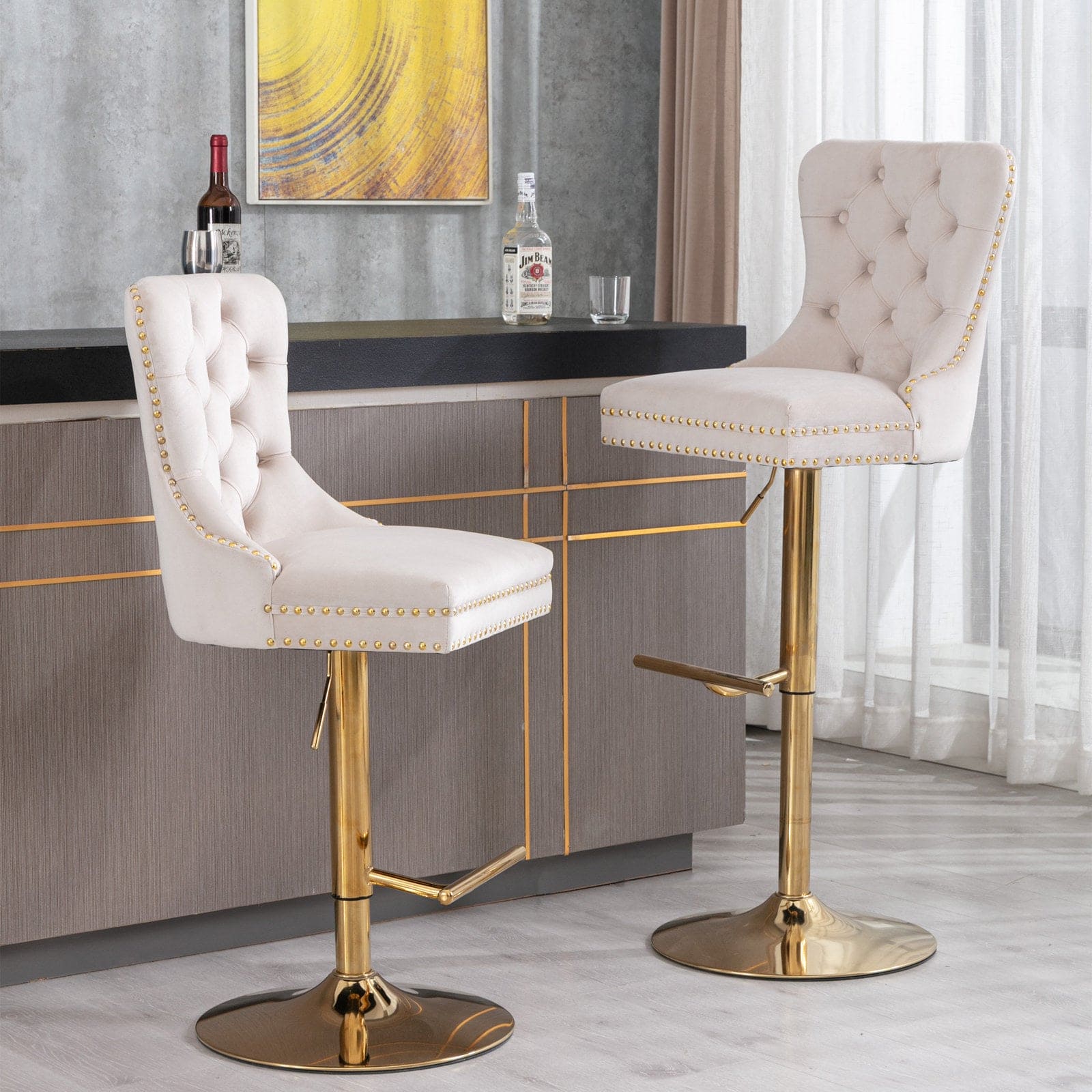 A&A Furniture,Thick Golden Swivel Velvet Barstools Adjusatble Seat Height from 27-35 Inch, Modern Upholstered Bar Stools with Backs Comfortable Tufted for Home Pub and Kitchen Island (Beige,Set of 2)