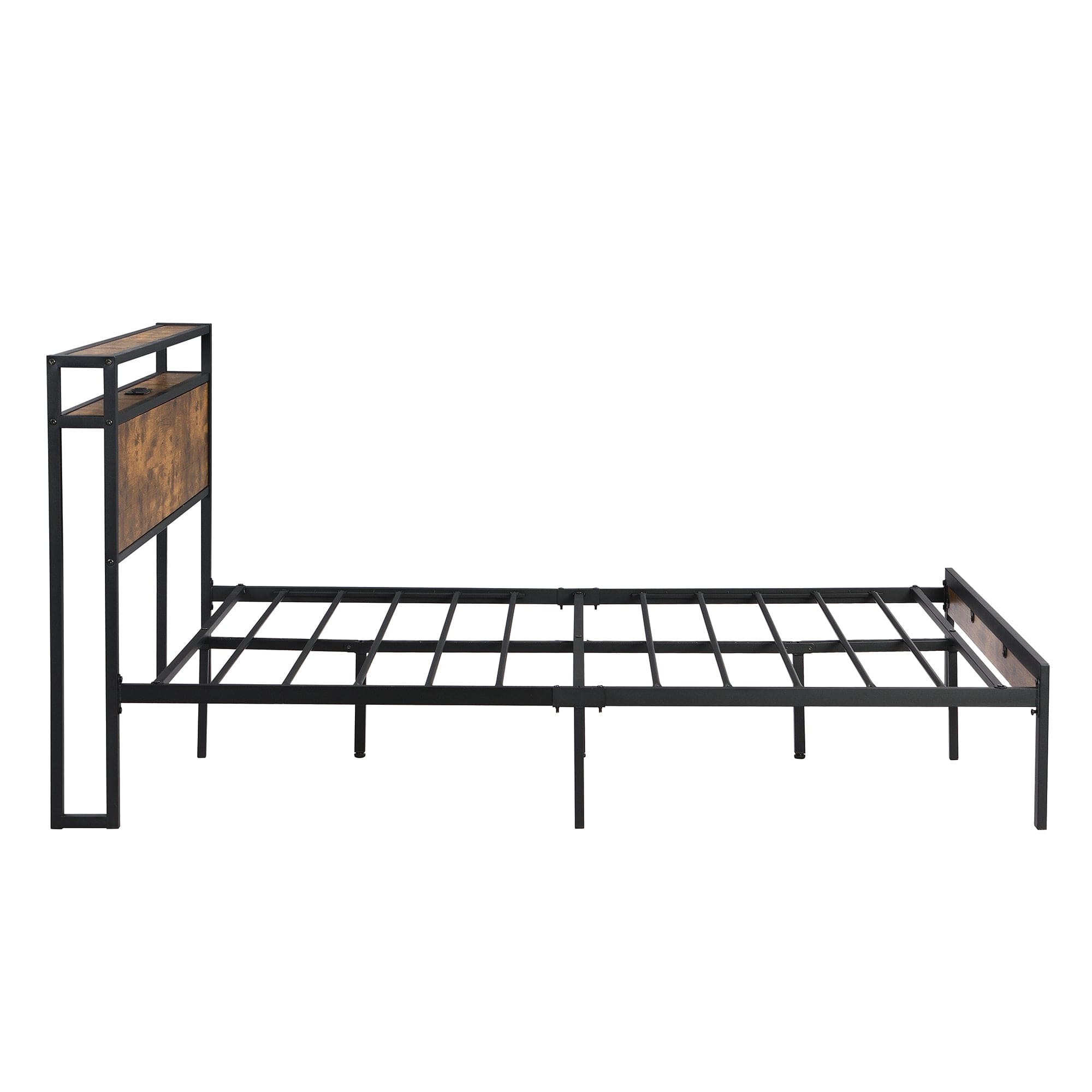 Full Size Metal Platform Bed Frame with Wooden Headboard and Footboard with USB LINER, No Box Spring Needed, Large Under Bed Storage, Easy Assemble