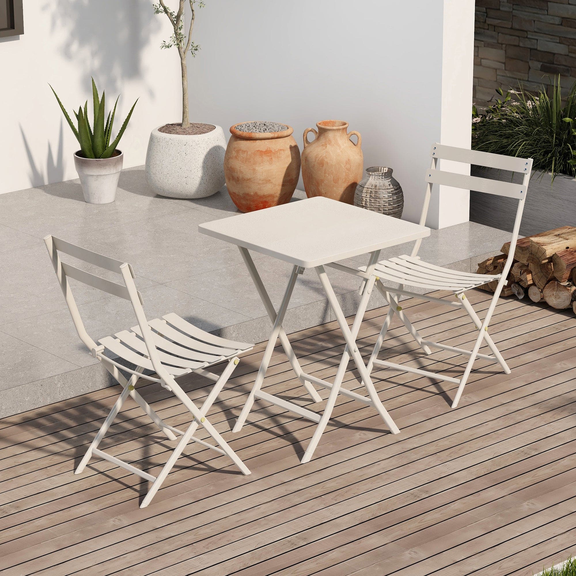 3 Piece Patio Bistro Set of Foldable Square Table and Chairs, White