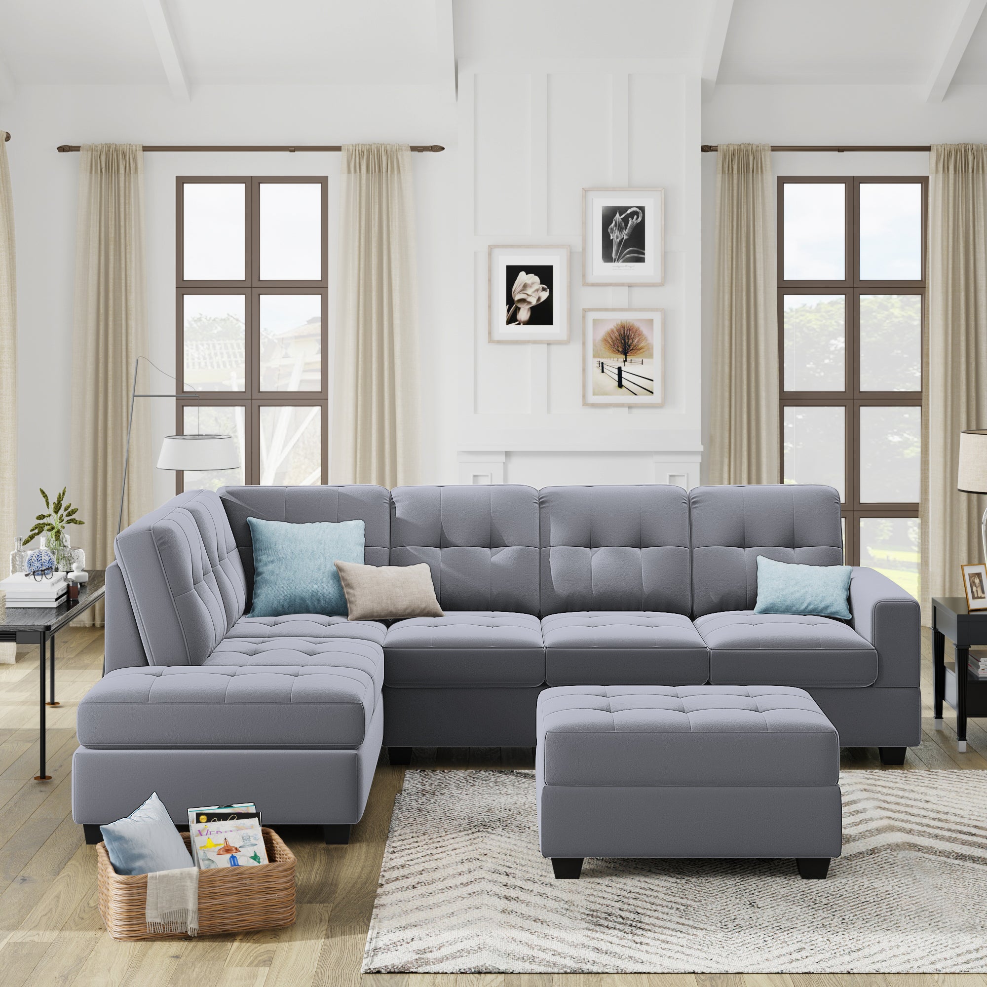 Orisfur. Sectional Sofa with Reversible Chaise Lounge, L-Shaped Couch with Storage Ottoman and Cup Holders