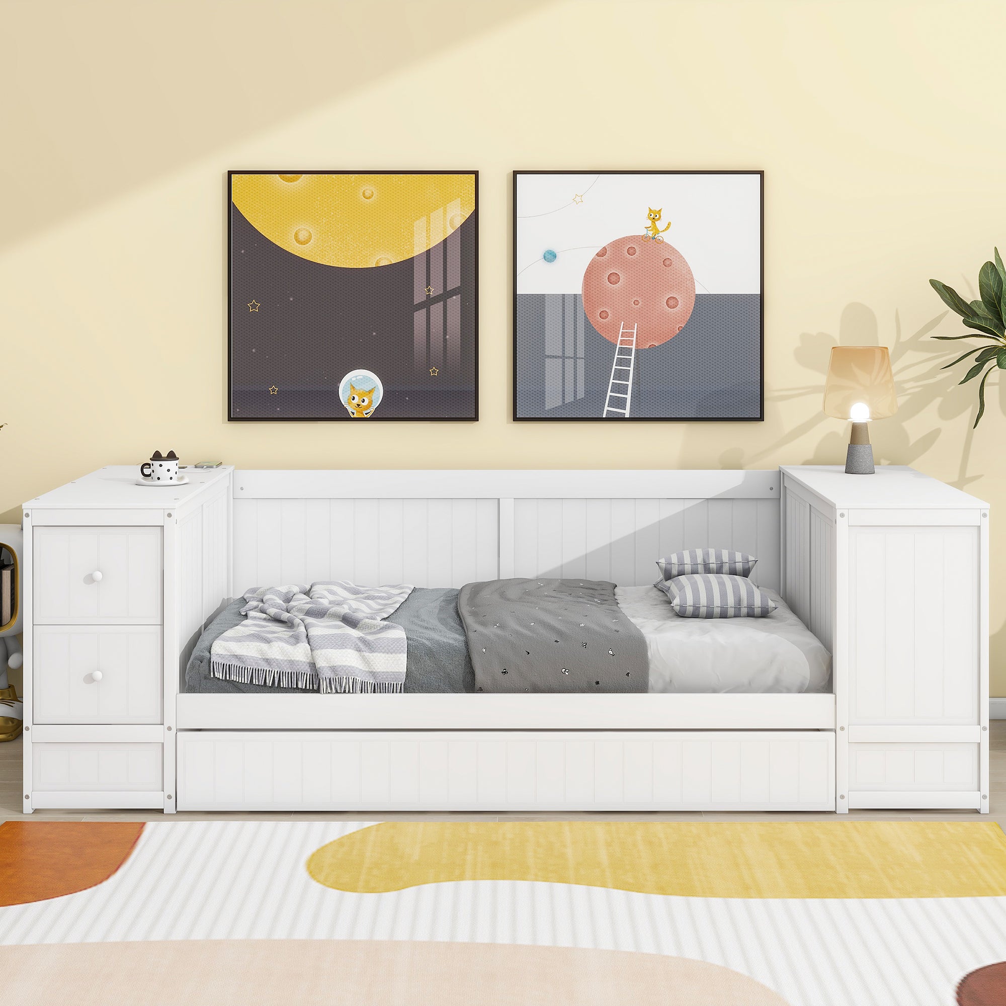 Twin Size Daybed with Storage Arms, Trundle and Charging Station, White