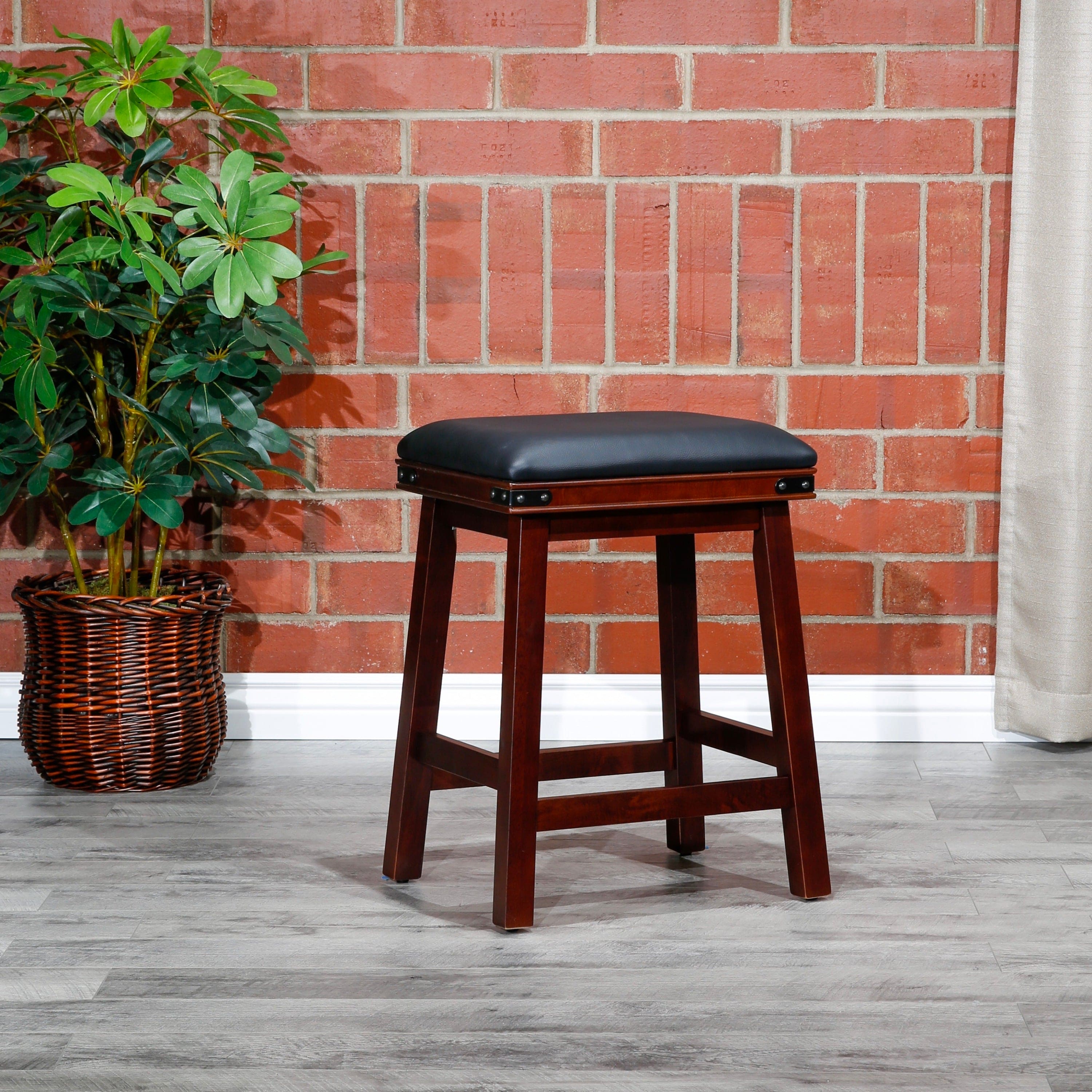 24" Counter Stool, Espresso Finish, Black Leather Seat