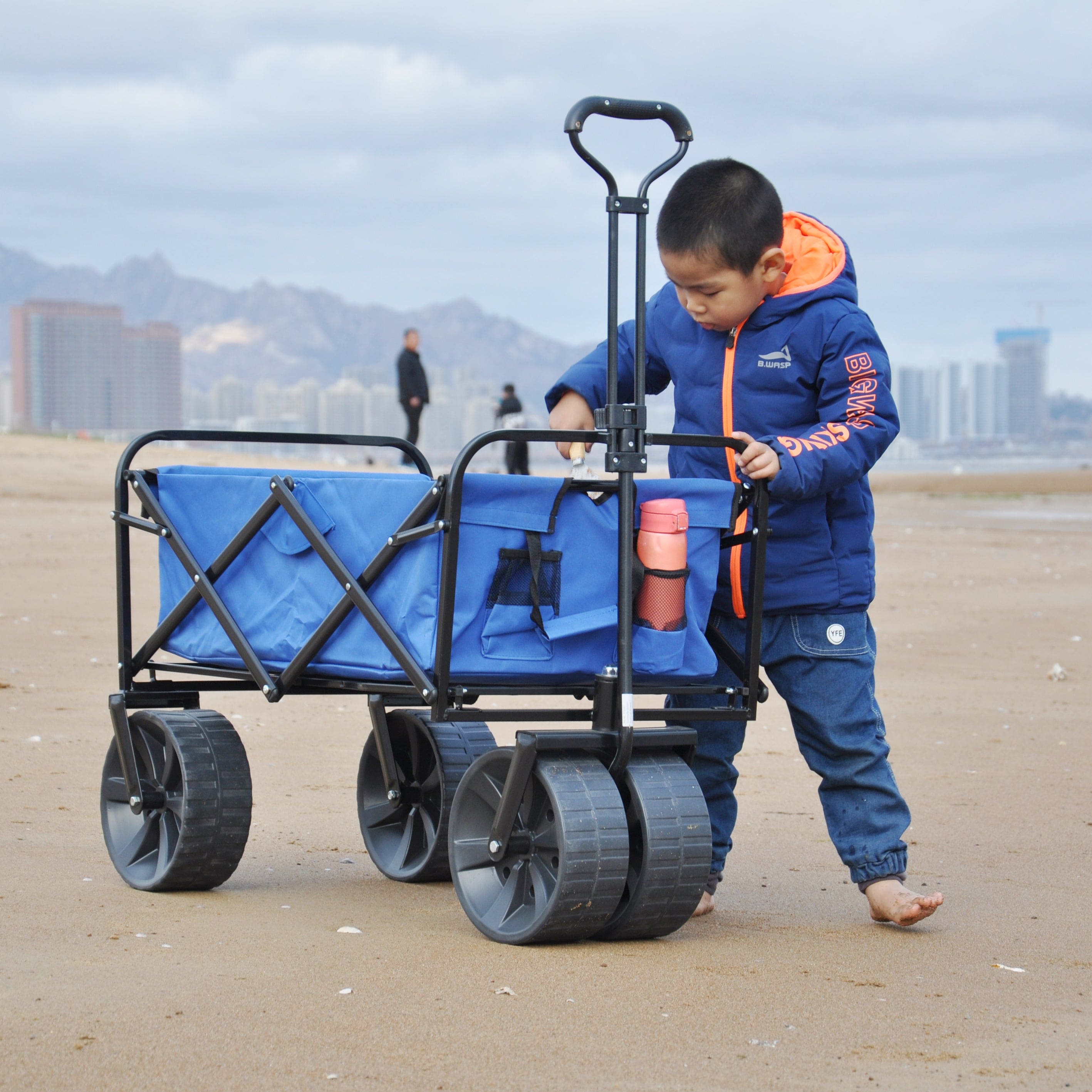 Folding Wagon Garden Shopping Beach Cart (Blue)