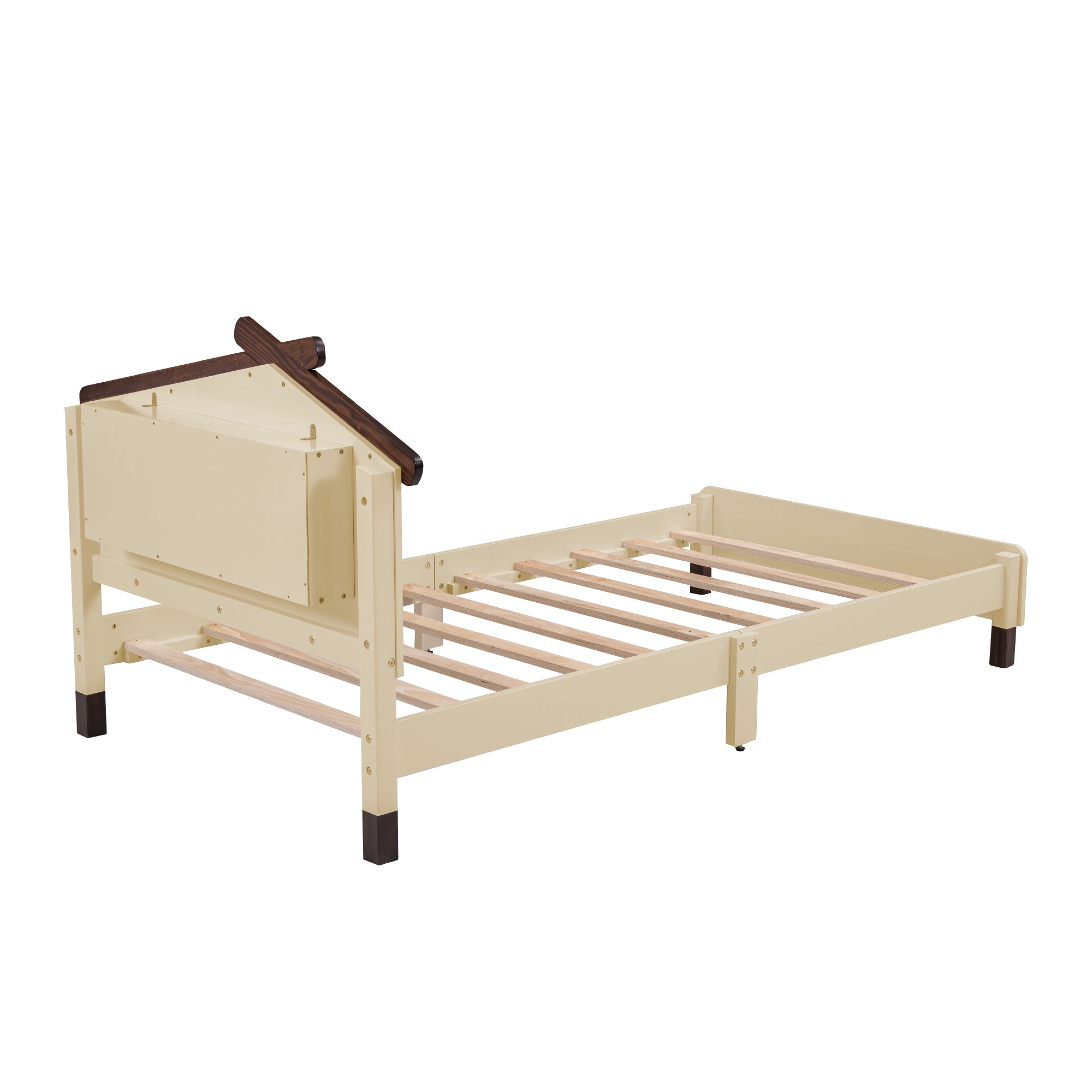 Twin Size Wood Platform Bed with House-shaped Headboard and Motion Activated Night Lights (Cream+Walnut)