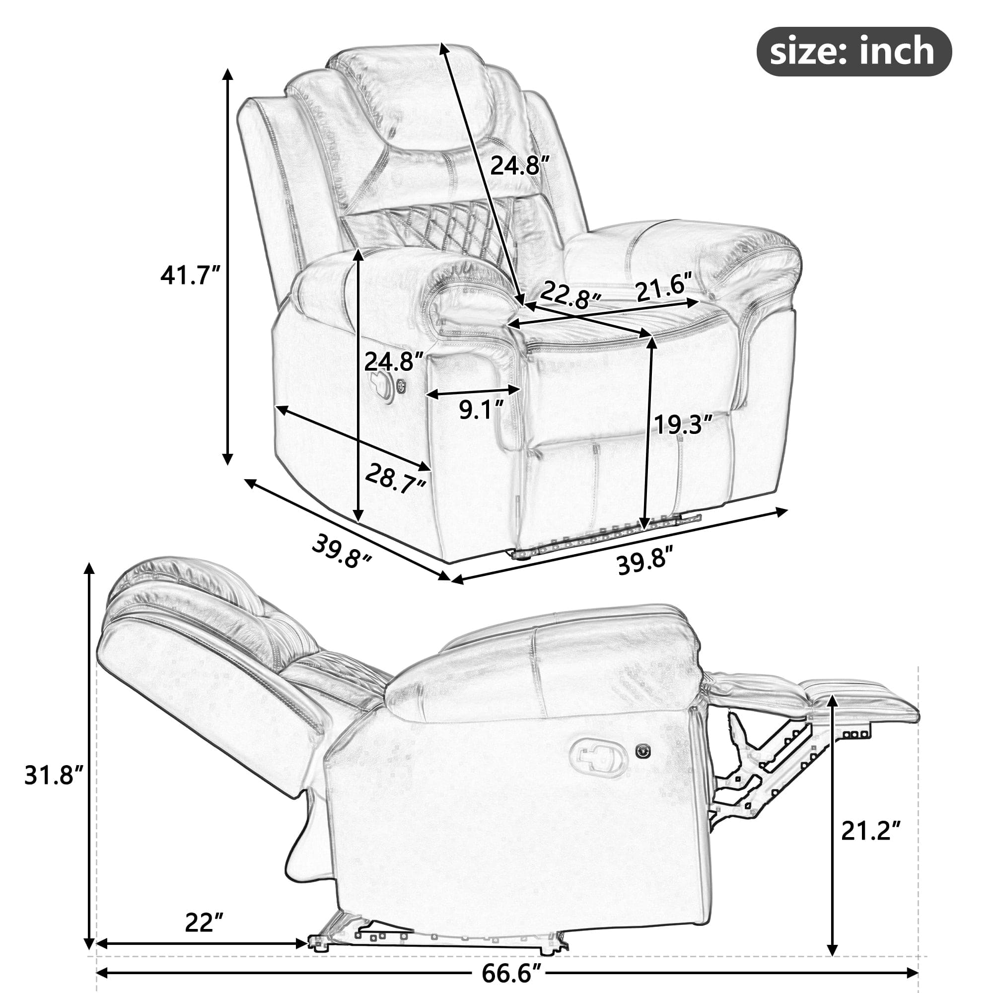 Home Theater Seating Manual Recliner Chair with LED Light Strip for Living Room,Bedroom, Wind Red