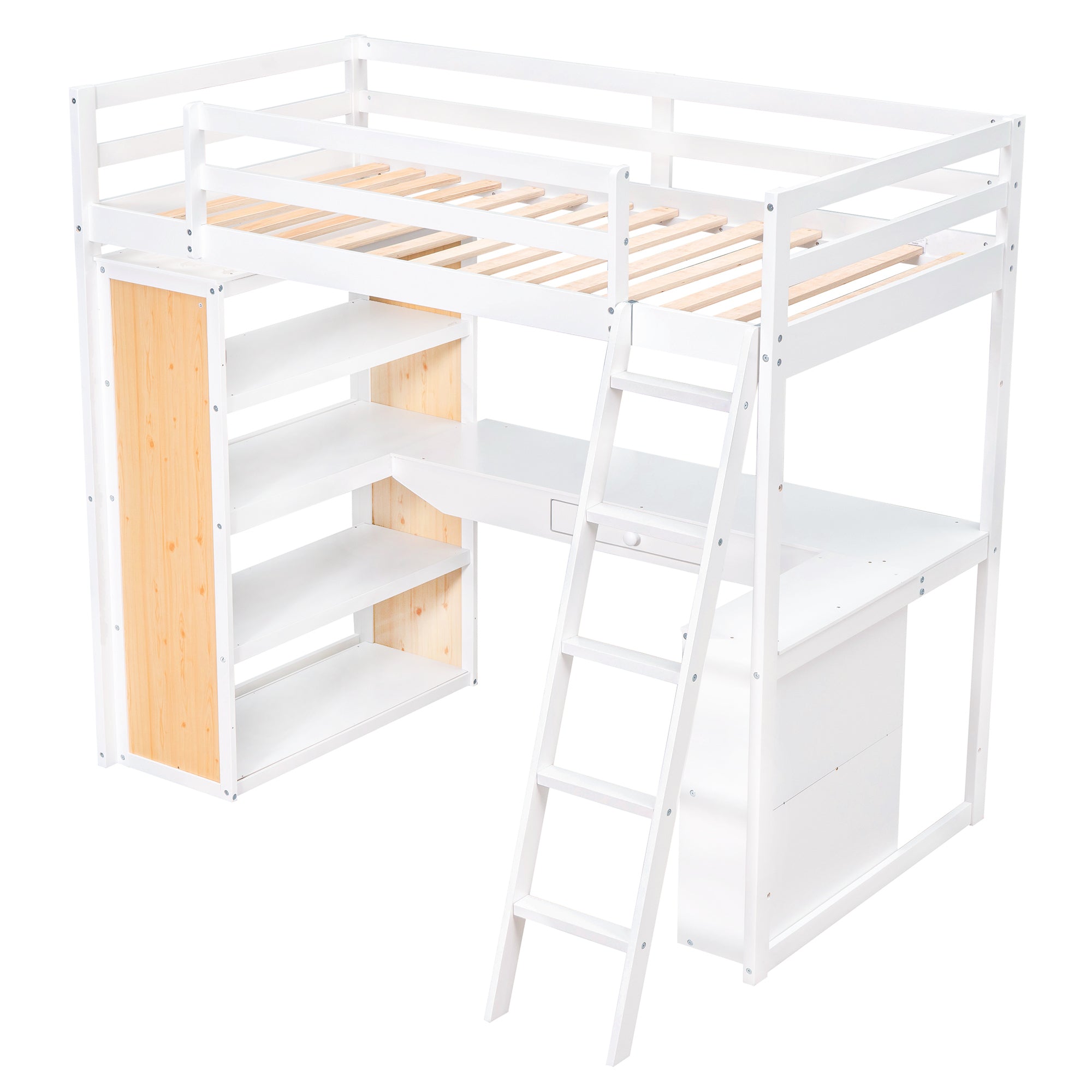 Twin Size Loft Bed with Ladder, Shelves, and Desk, White(OLD SKU:LT100225AAK)