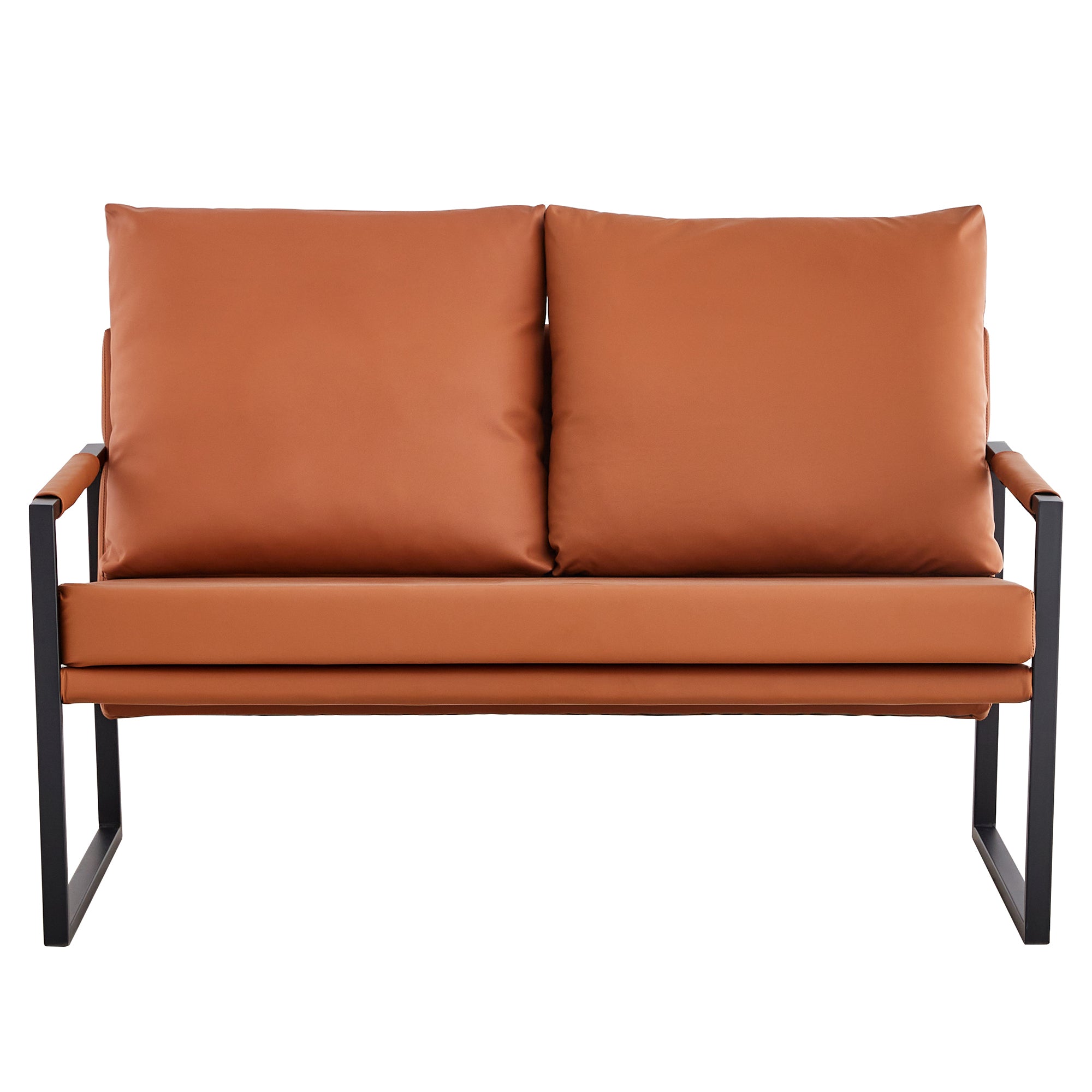 Modern Two-Seater Sofa Chair with 2 Pillows - PU Leather, High-Density Foam, Black Coated Metal Frame.BrownSF-D008-BR