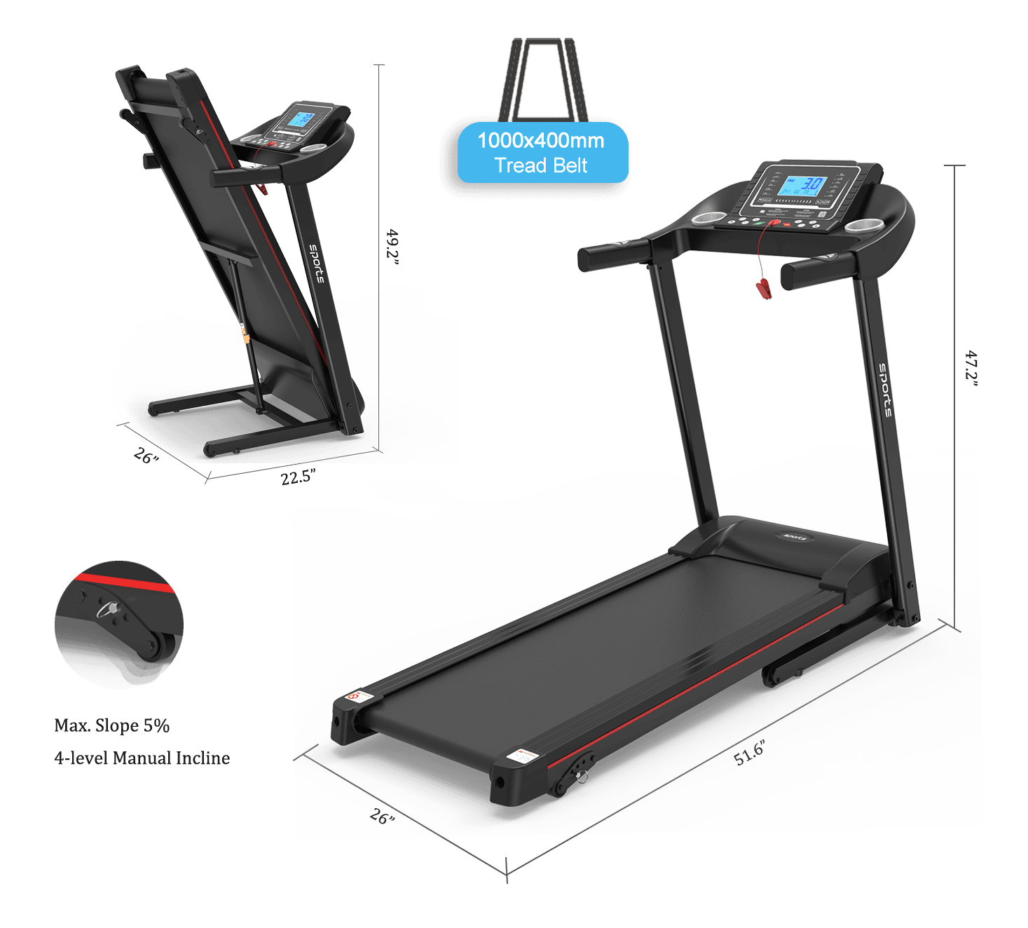 Fitshow App Home Foldable Treadmill with Incline, Folding Treadmill for Home Workout, Electric Walking Treadmill Machine 5" LCD Screen 250 LB Capacity Bluetooth Music