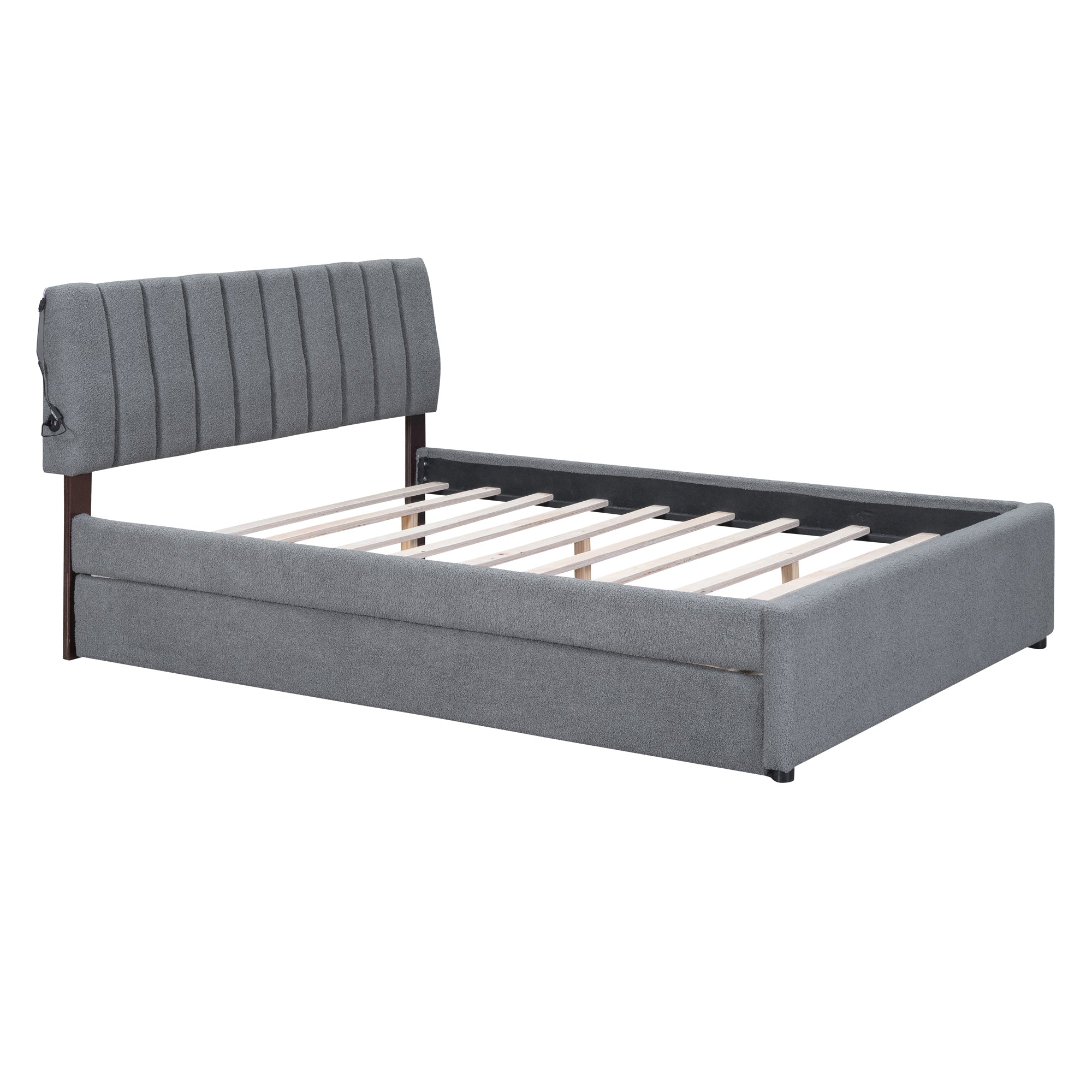 Teddy Fleece Queen Size Upholstered Platform Bed with Trundle, Gray