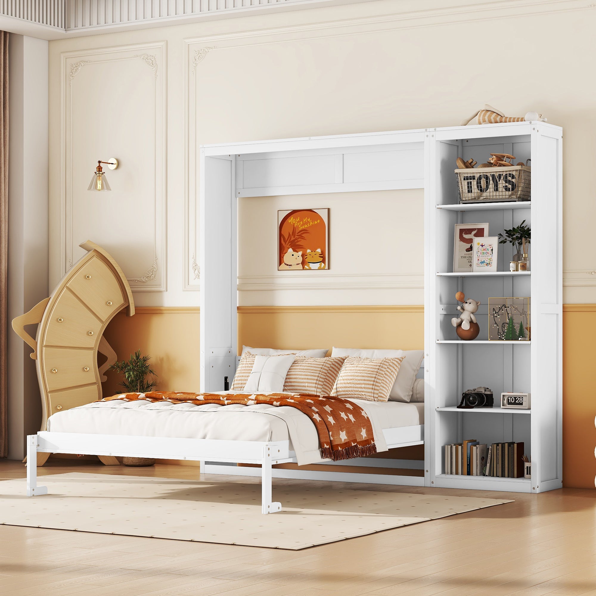 Full Size Murphy Bed Wall Bed with Shelves,White