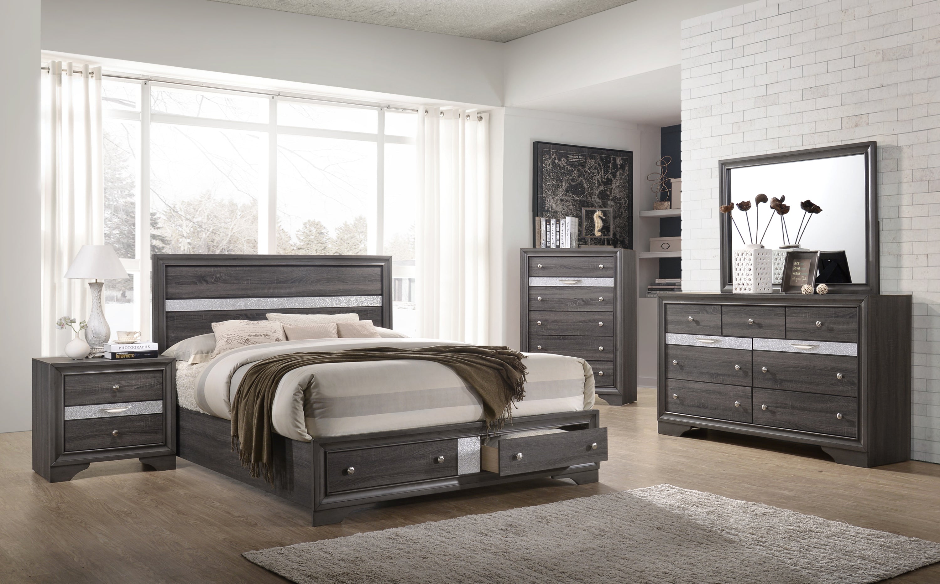 Traditional Matrix Queen Size Storage Bed in Gray made with Wood