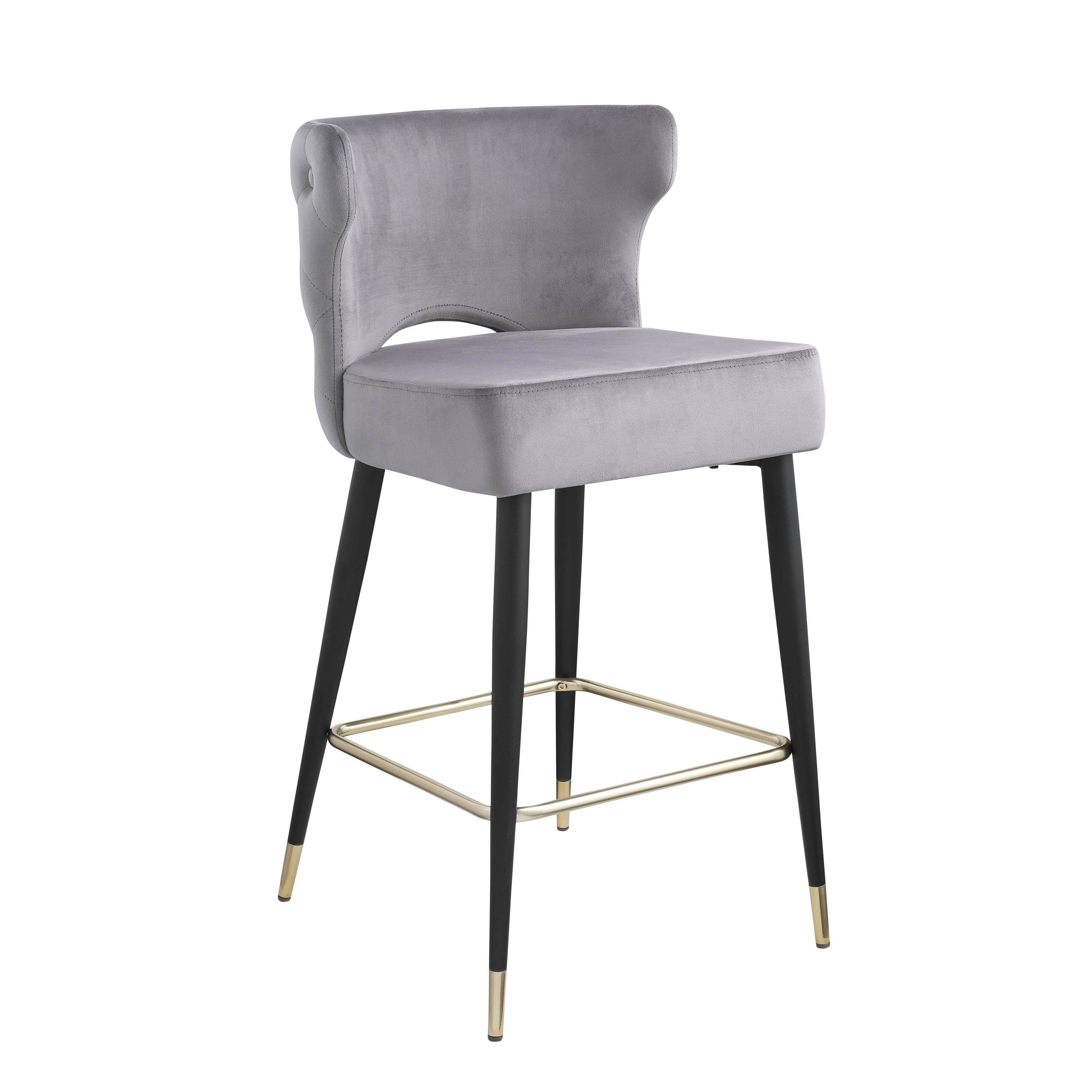 Woker Furniture Contemporary Velvet Upholstered Counter Height Stool with Gold Tipped, Black Metal Legs, 22" W x 19" D x 38.5" H, Gray