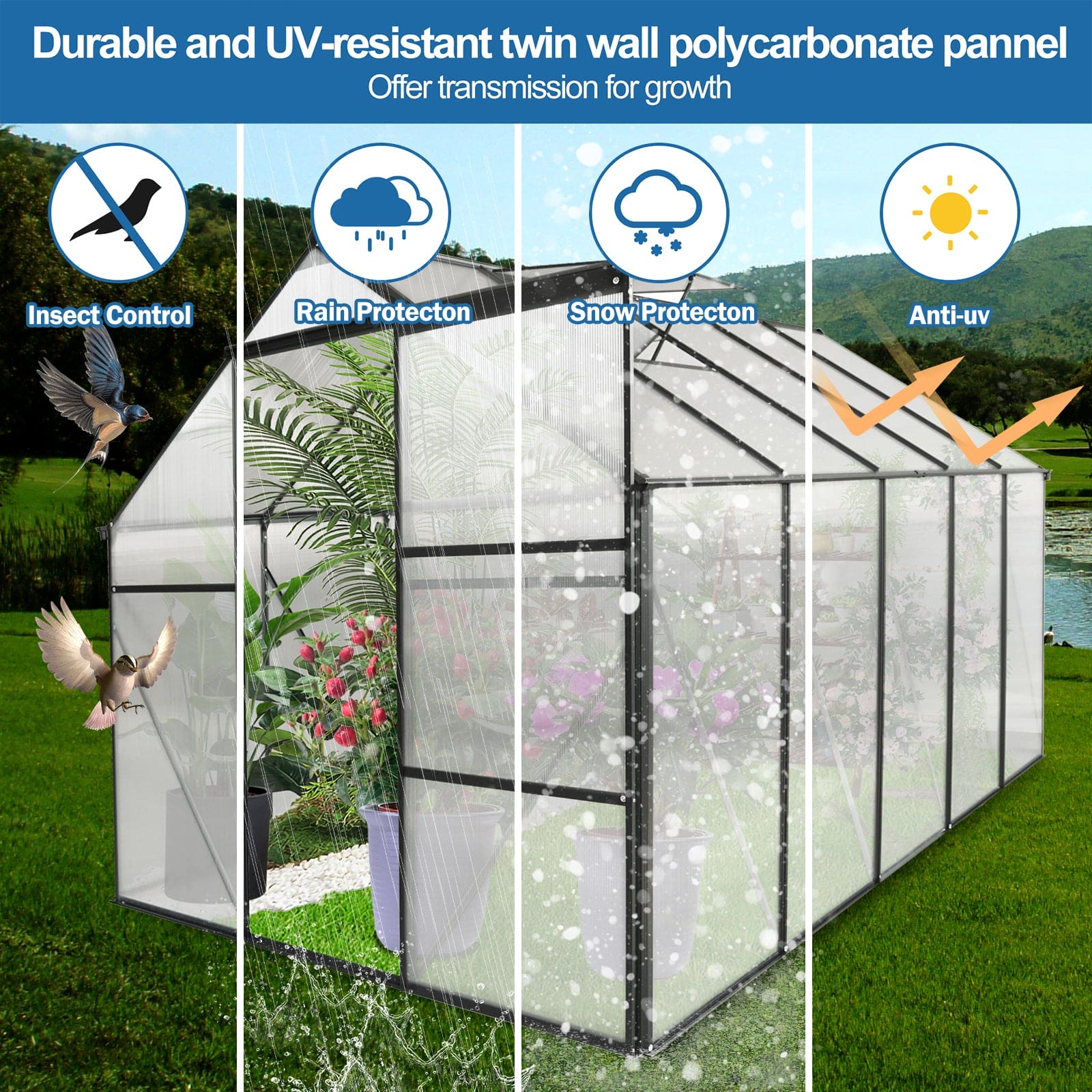 6x10 FT Polycarbonate Greenhouse Raised Base and Anchor Aluminum Heavy Duty Walk-in Greenhouses for Outdoor Backyard in All Season