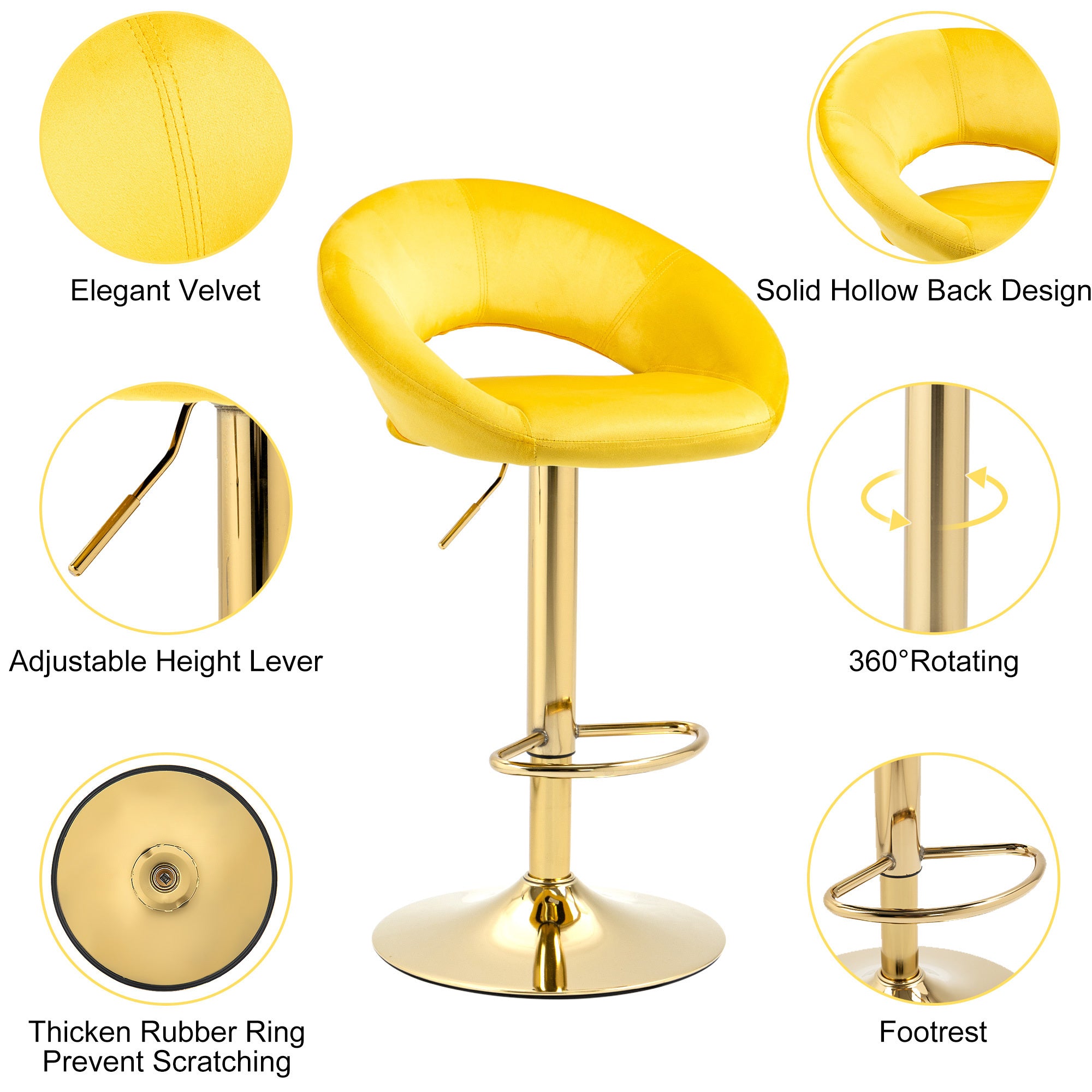 Yellow Velvet Adjustable Modern Dining Chairs,Counter Height Bar Chair,Swivel Bar Stools Set of 2