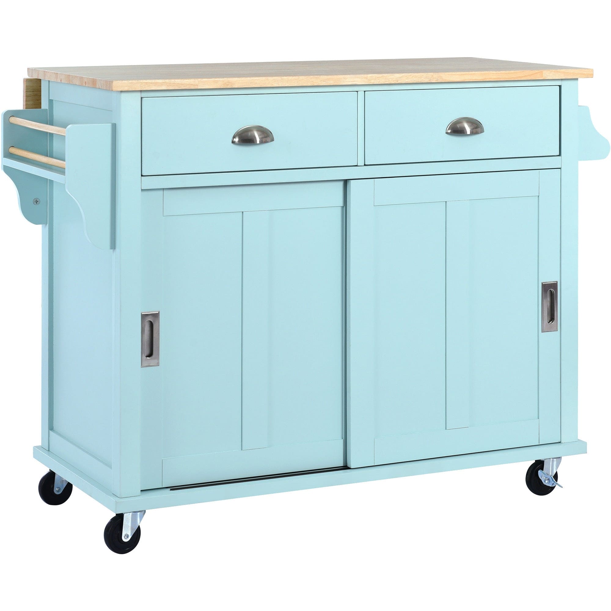 Kitchen Cart with Rubber wood Drop-Leaf Countertop, Concealed sliding barn door adjustable height,Kitchen Island on 4 Wheels with Storage Cabinet and 2 Drawers,L52.2xW30.5xH36.6 inch, Mint Green