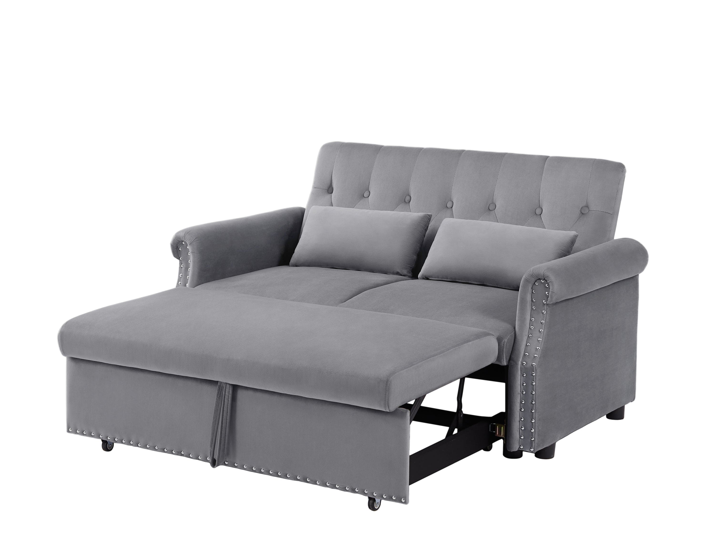 Artemax 55'' Modern Shiny Velvet Convertible Loveseat Sleeper Sofa Couch w/ 2 Lumbar Pillows, Adjustable Pull-Out Bed and Removable Armrest for Nursery, Living Room, Apartment, Home Office