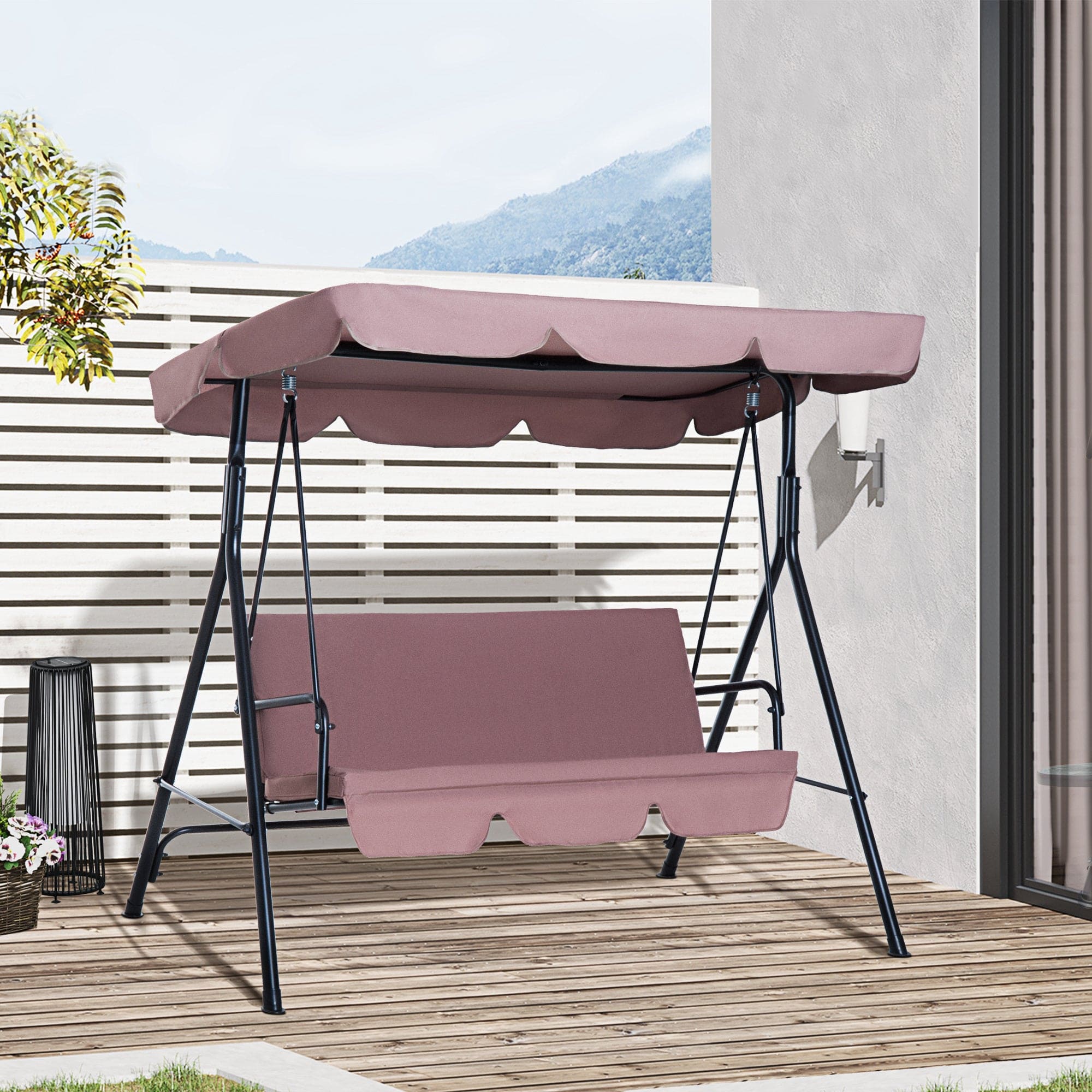 Outsunny 3-Seat Outdoor Patio Swing Chair with Removable Cushion, Steel Frame Stand and Adjustable Tilt Canopy for Patio, Garden, Poolside, Balcony, Backyard, Brown