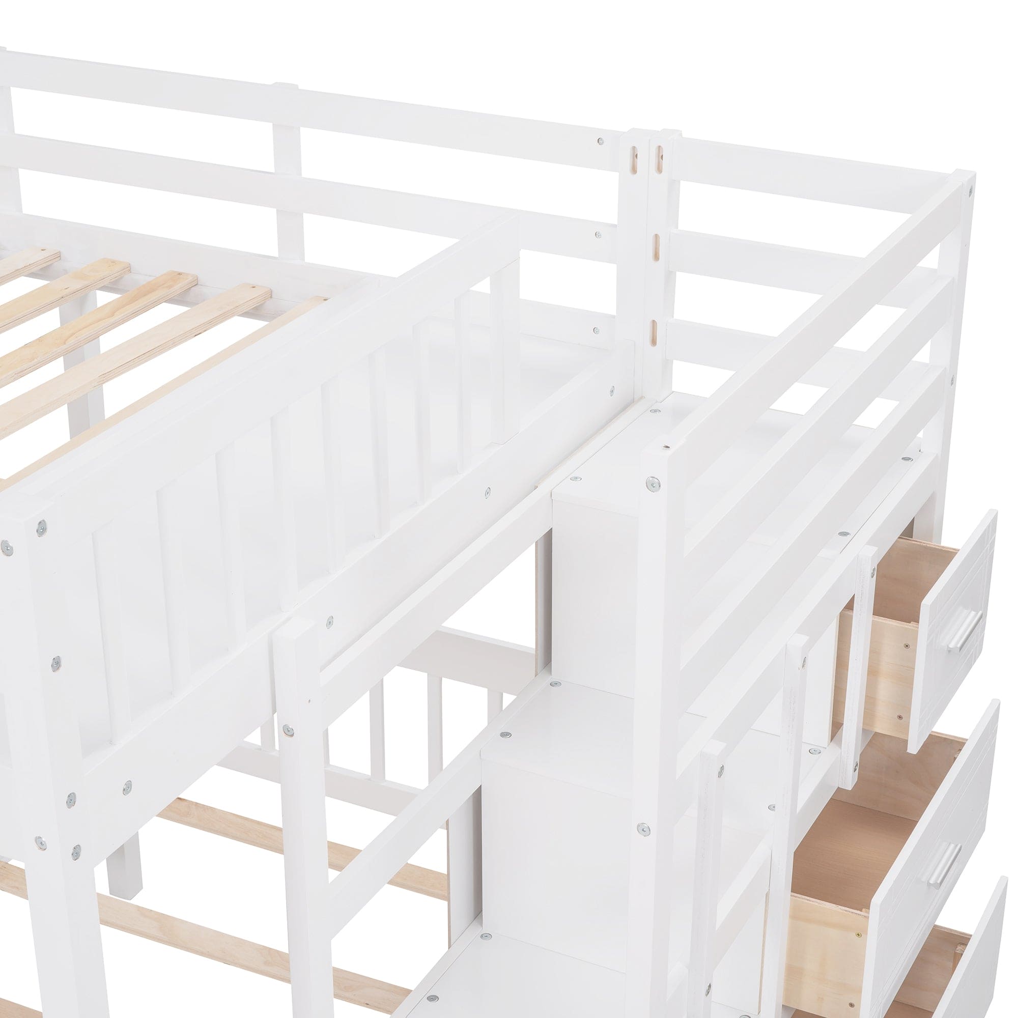 Full Over Twin & Twin Bunk Bed, Wood Triple Bunk Bed with Drawers and Guardrails (White)