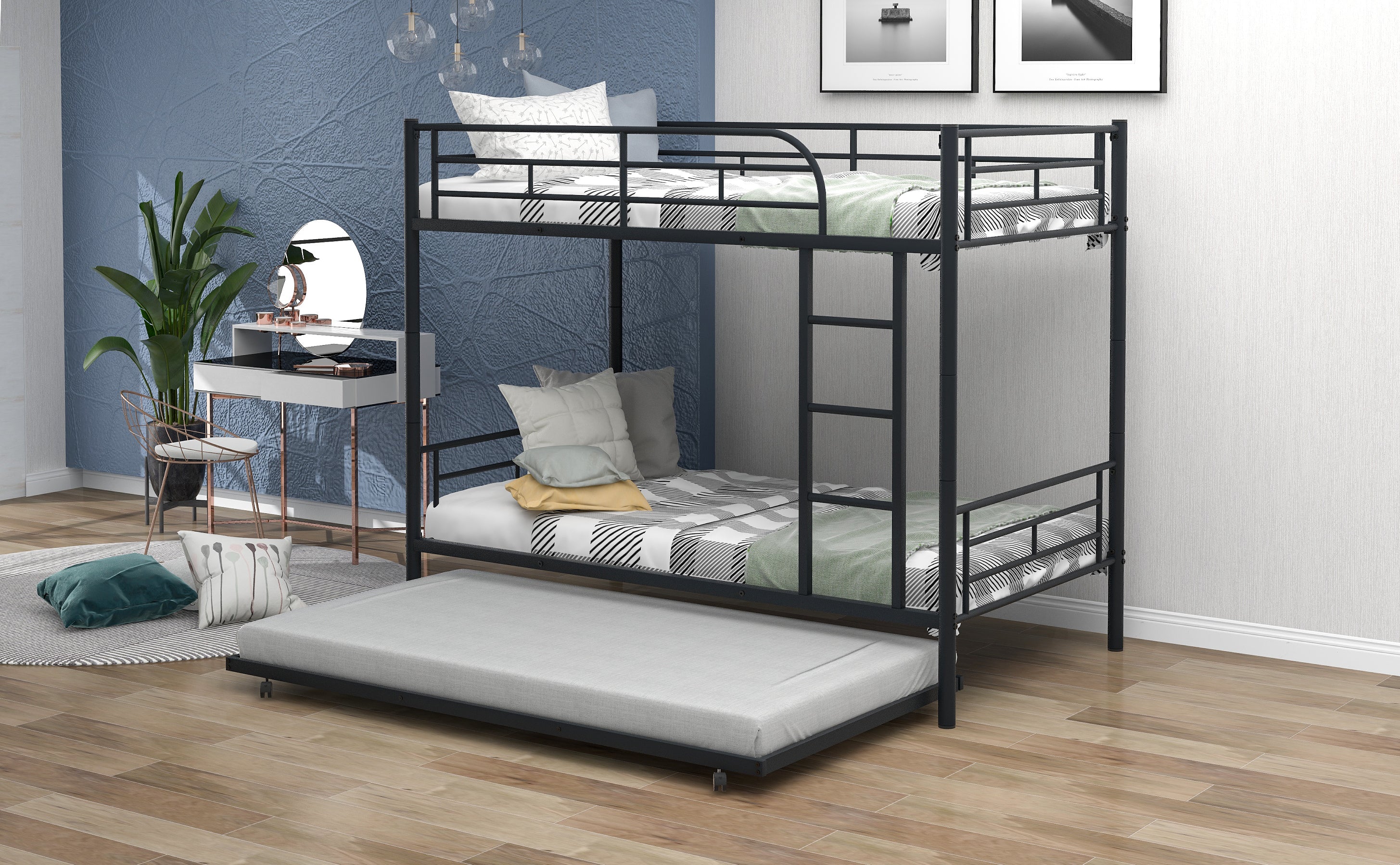 Twin-Over-Twin Metal Bunk Bed With Trundle,Can be Divided into two beds,No Box Spring needed ,Black ( old sku: MF194806AAB )