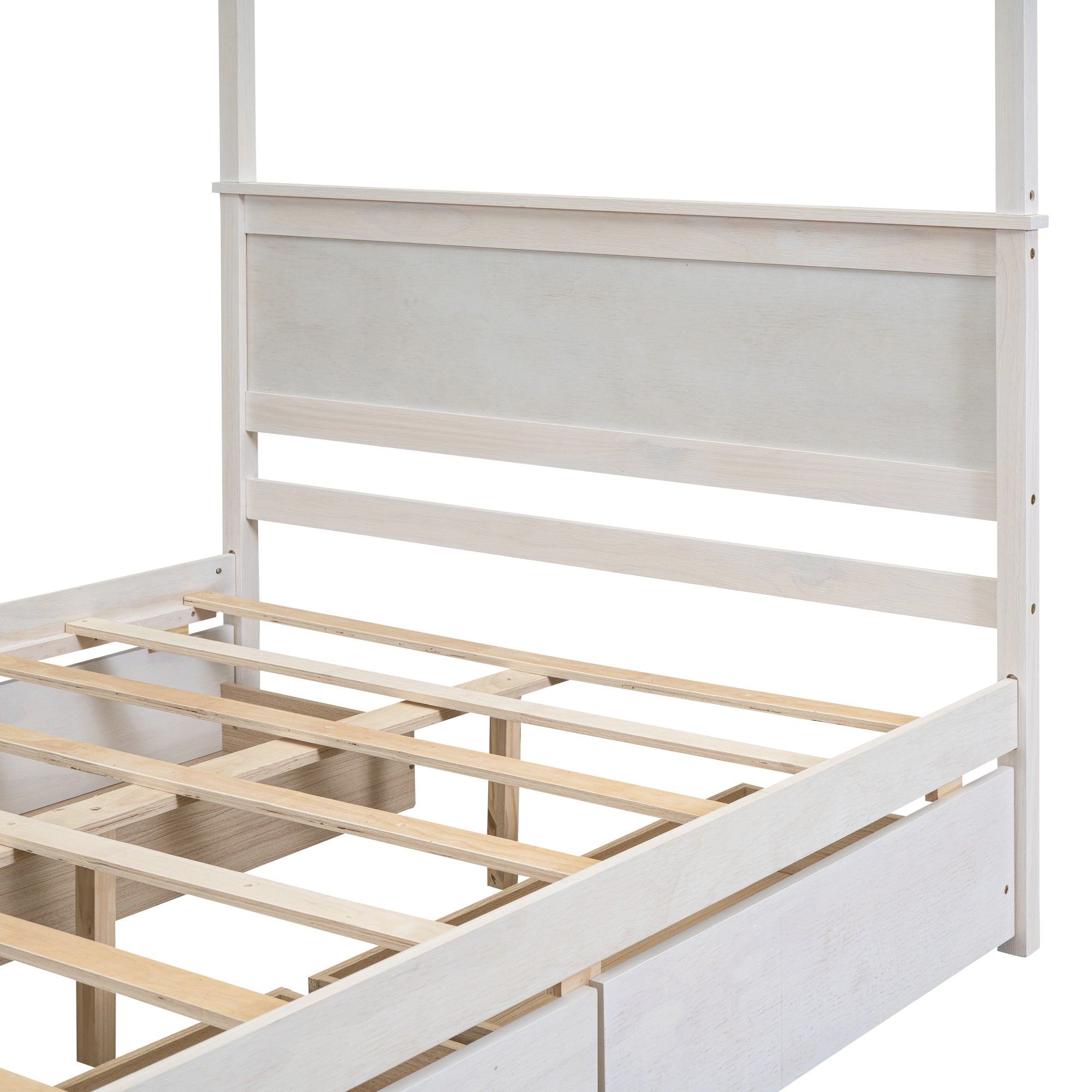 Wood Canopy Bed with four Drawers ,Full Size Canopy Platform Bed With Support Slats .No Box Spring Needed, Brushed White