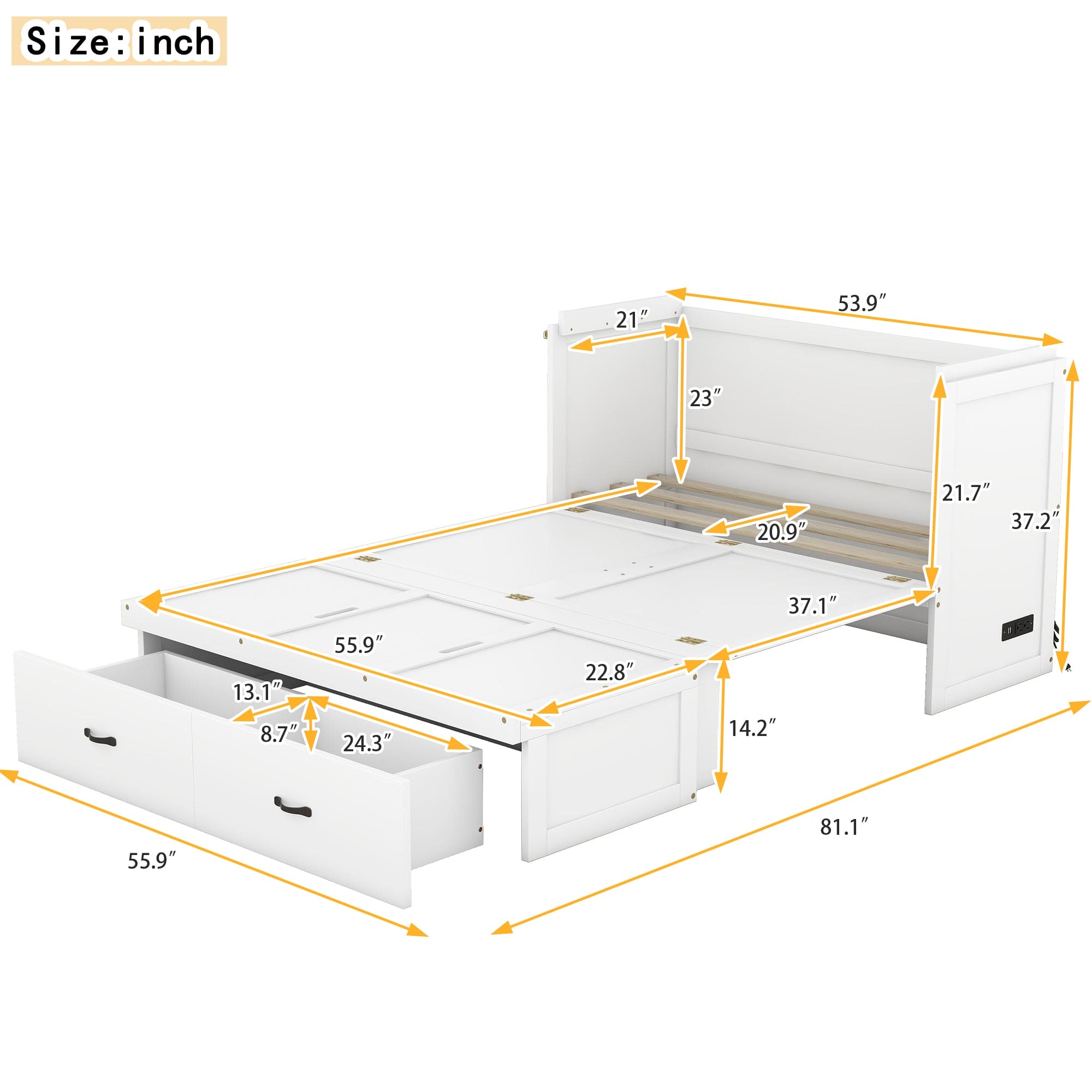 Full Size Murphy Bed with USB Port and a Large Drawer, White