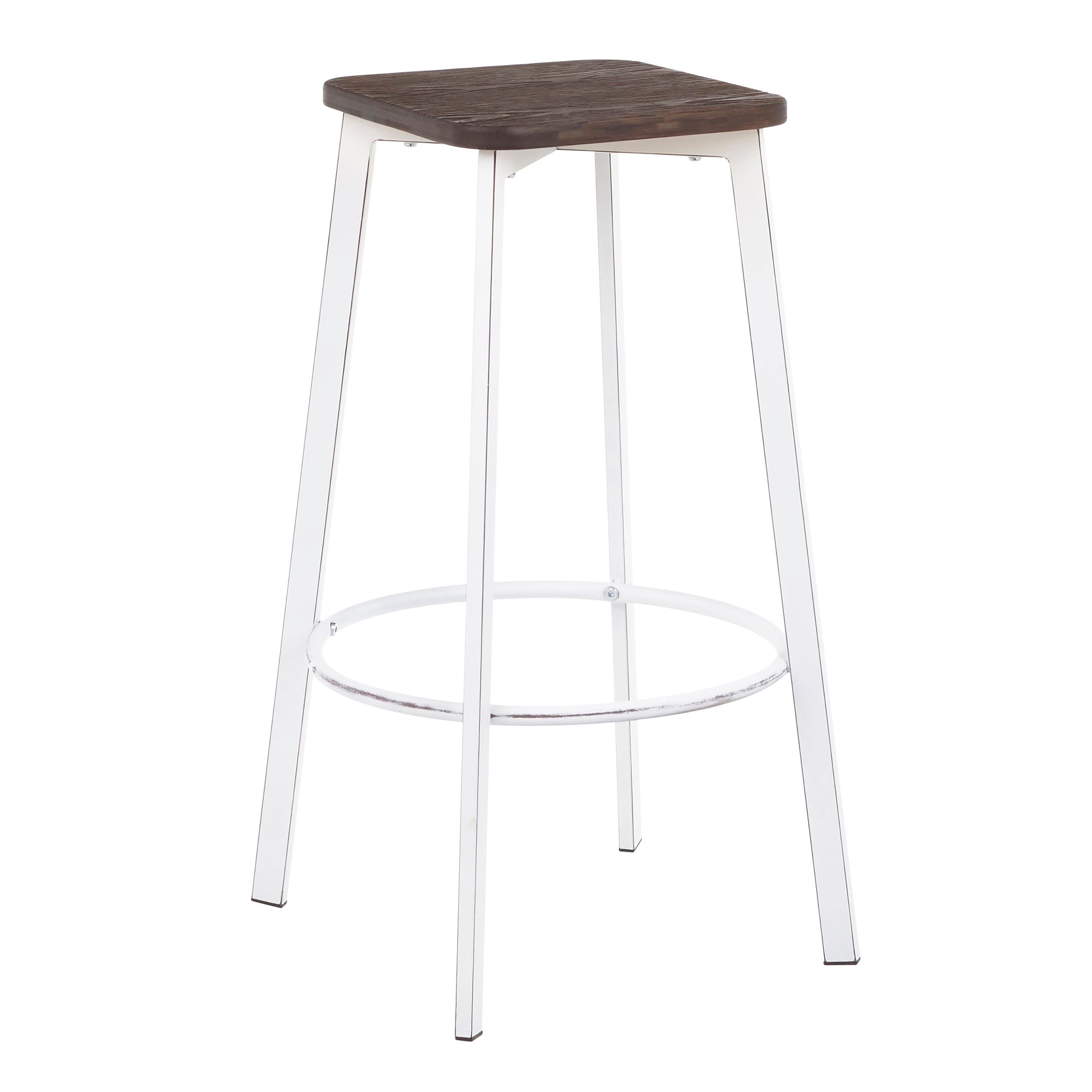 Clara Industrial Square Barstool in Vintage White Metal and Espresso Wood-Pressed Grain Bamboo by LumiSource - Set of 2