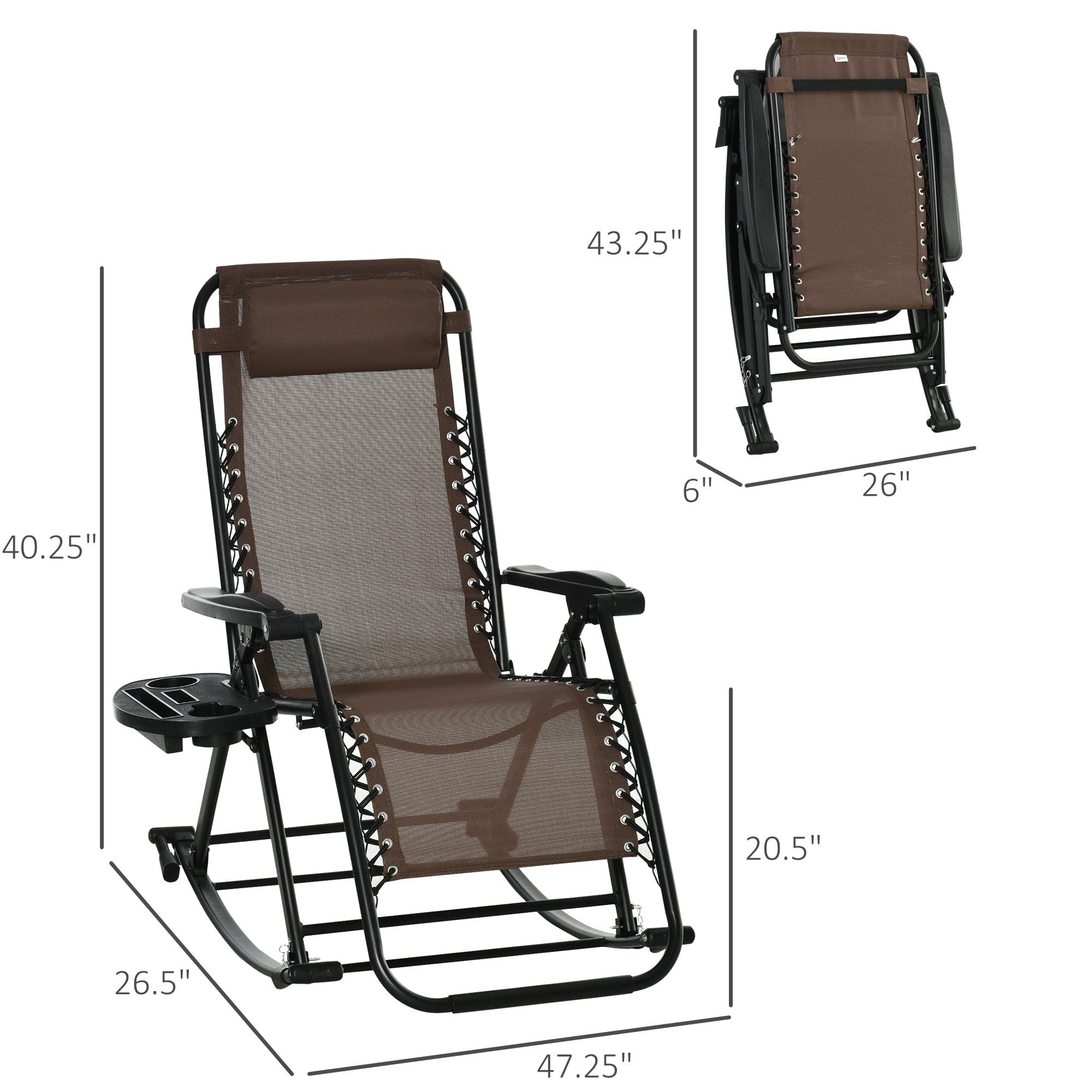 Outsunny Outdoor Rocking Chairs, Foldable Reclining Zero Gravity Lounge Rocker w/ Pillow, Cup & Phone Holder, Combo Design w/ Folding Legs, Brown