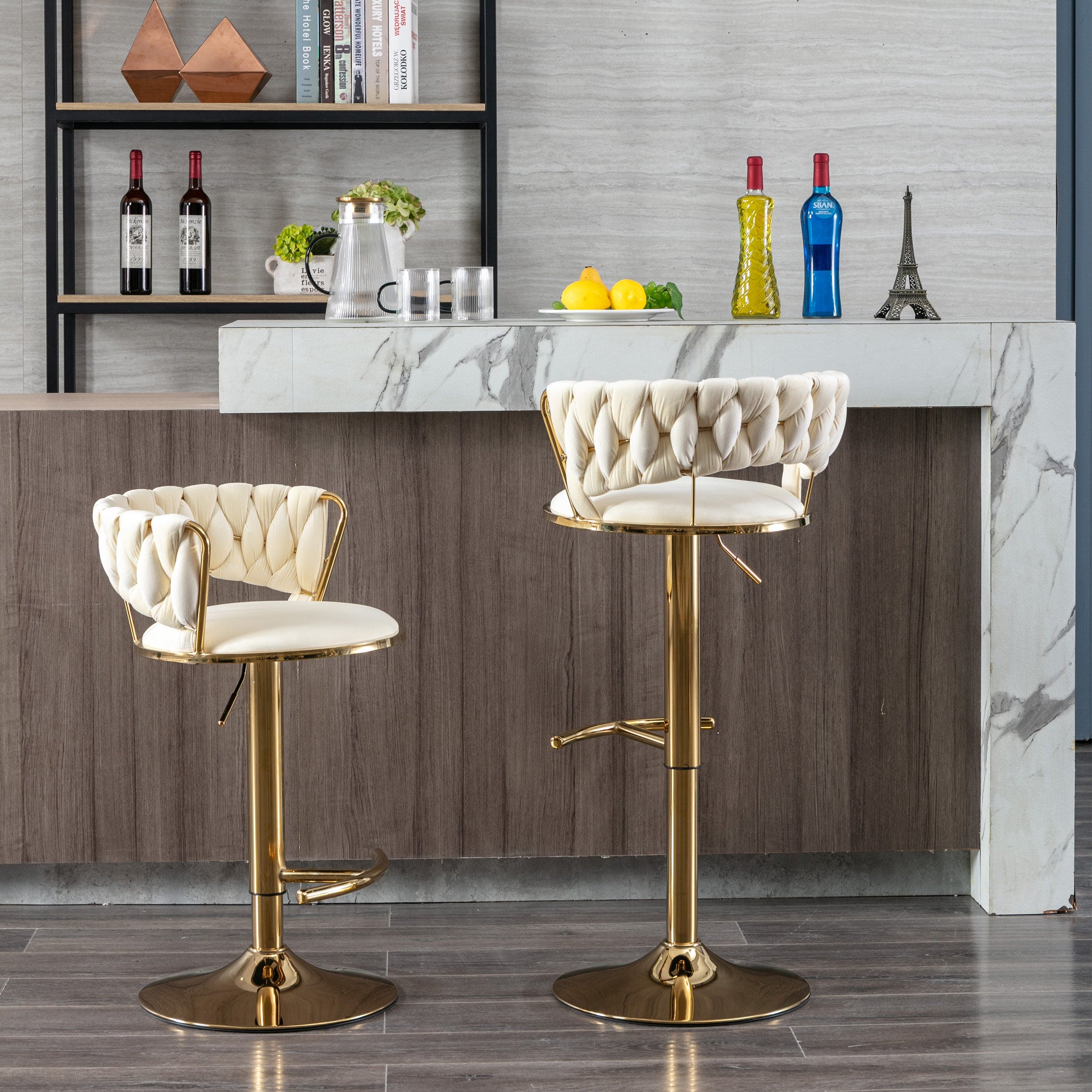 Set of 2  Bar Stools,with Chrome Footrest and Base Swivel Height Adjustable Mechanical Lifting Velvet + Golden Leg Simple Bar Stool-Cream