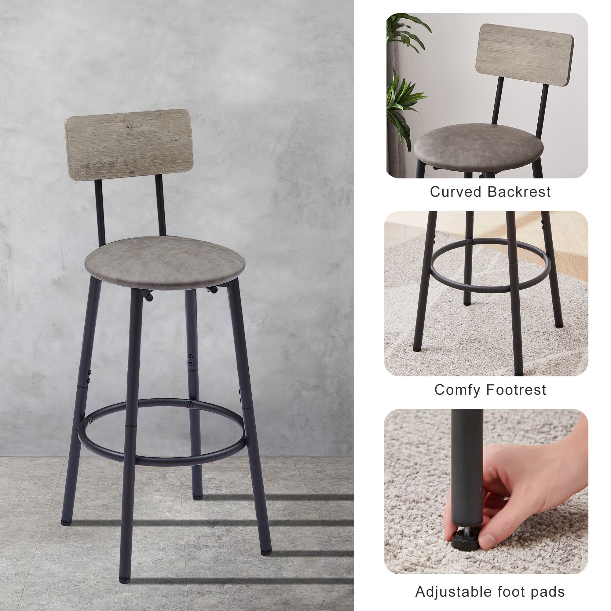 Round bar stool set with shelf, upholstered stool with backrest Grey, 23.62'' W x 23.62'' D x 35.43'' H.