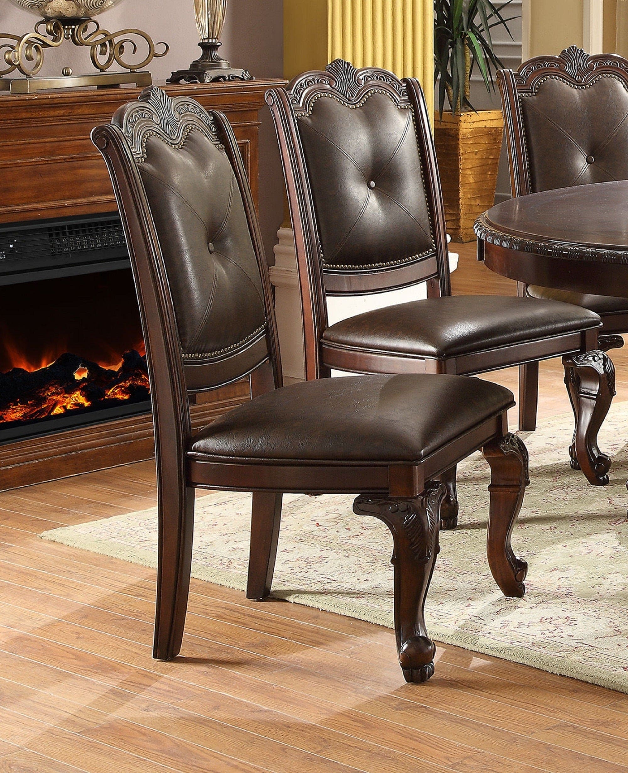 Beautiful Hand Carved Formal Traditional Dining Side Chair with Faux Leather Upholstered Padded Seat and Back Button Tufting Detail Dining Room Solid Wood Furniture Brown Espresso