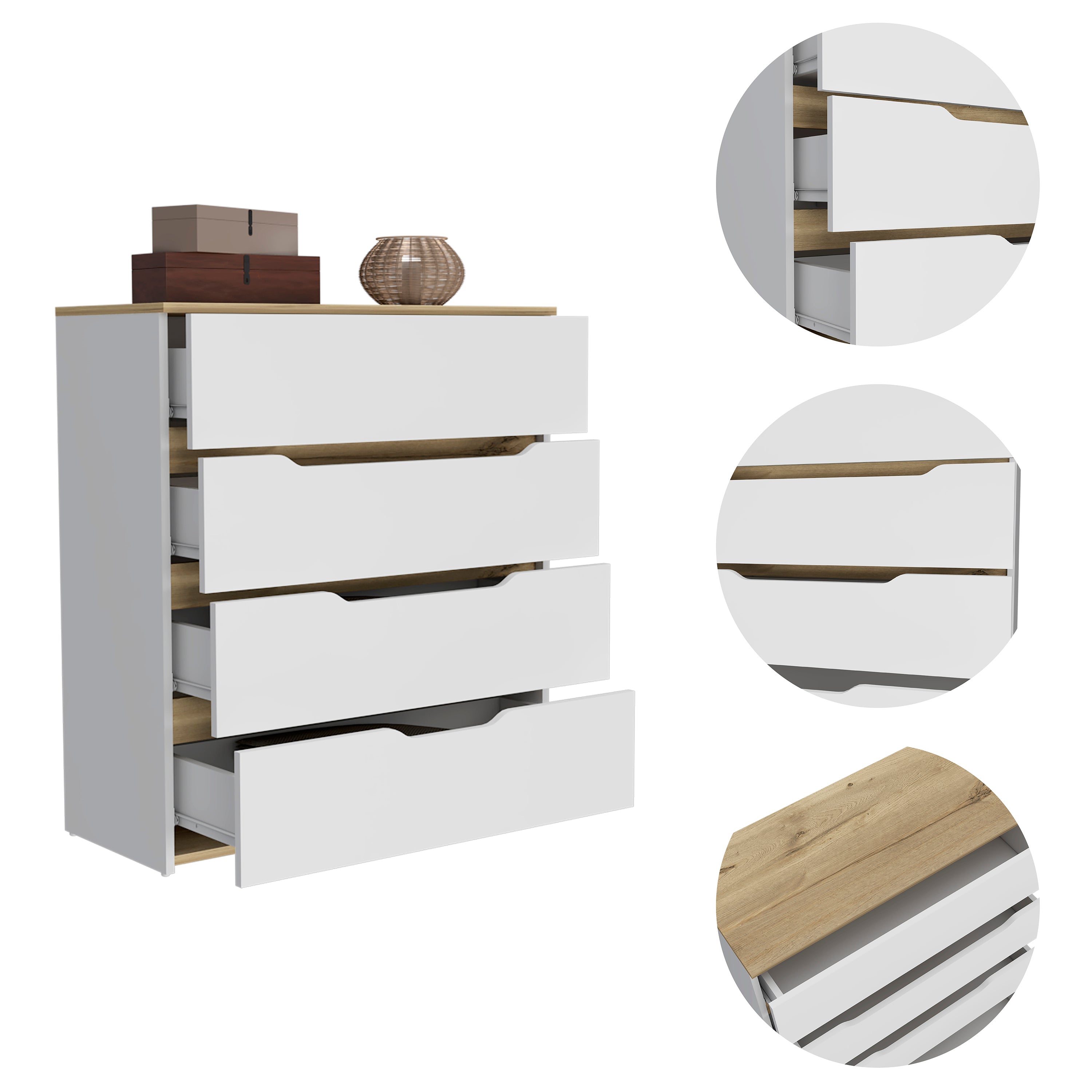 Dresser Oboe, Superior Top, Four Drawers, White / Light Oak Finish