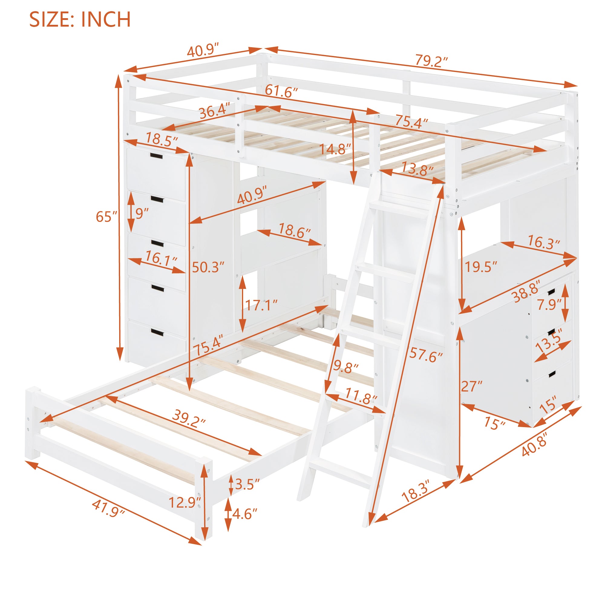 Twin over Twin Bunk Bed with LED Light and USB Ports, White