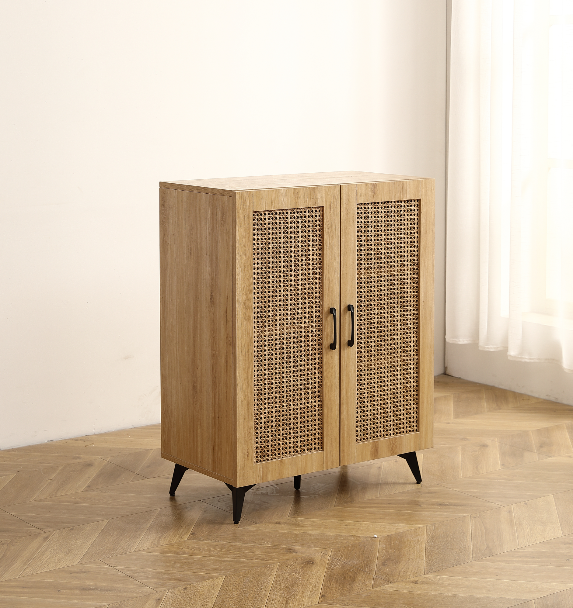 Natural Rattan Storage Cabinet Double-Door Shoe Cabinet with Large Storage Space and Durable Structure 29.5inch