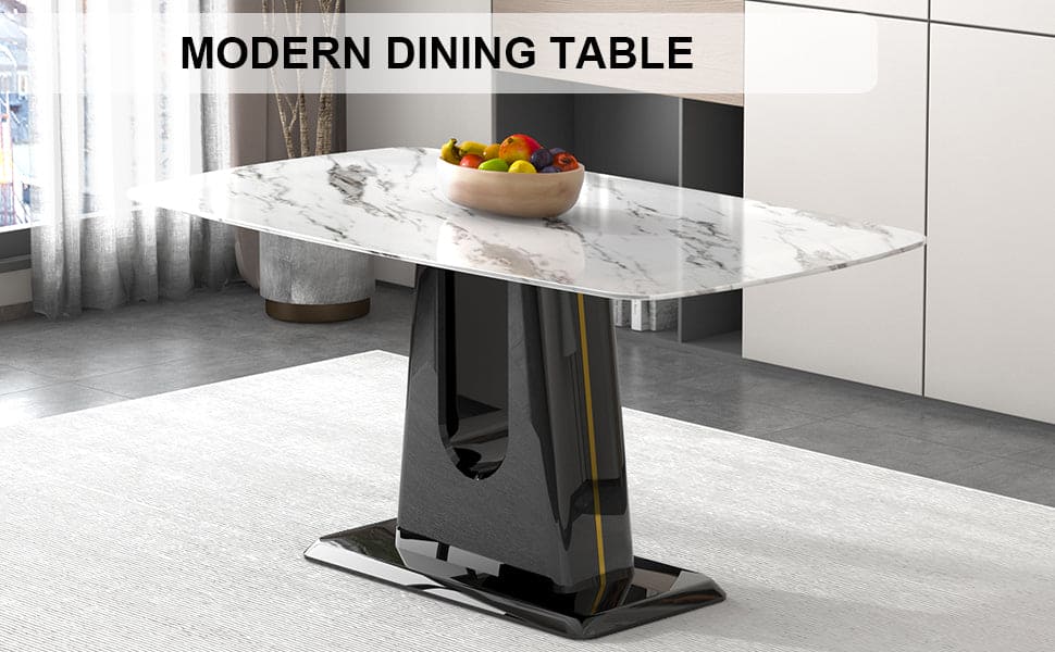 A modern, minimalist, and luxurious dining table with a white imitation marble tabletop and MDF legs with U-shaped brackets. Tables in restaurants and living rooms 63"*35.4"*30  F-U